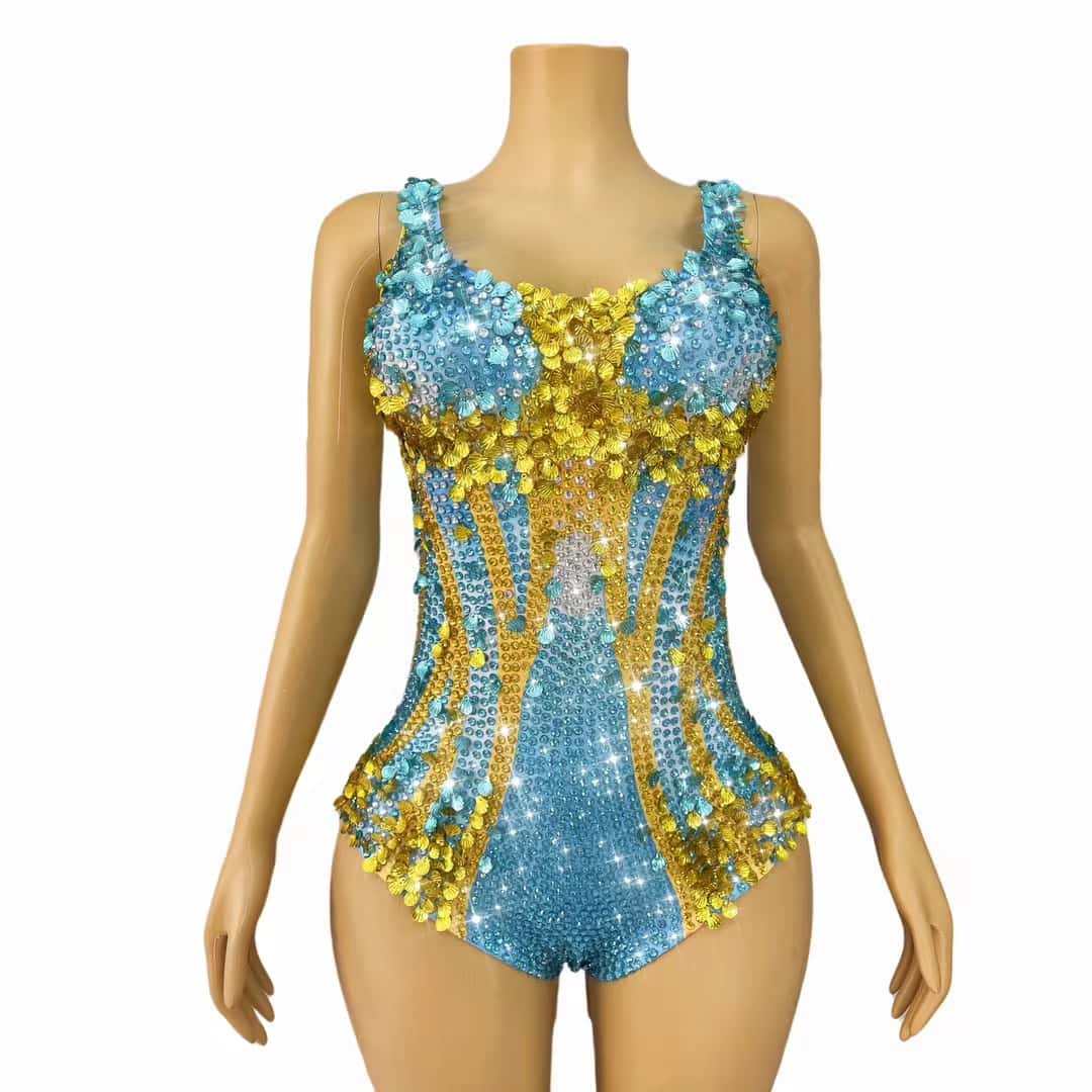 CELESINYI Lanmeimei Crystal Gold Scallop Bodysuit