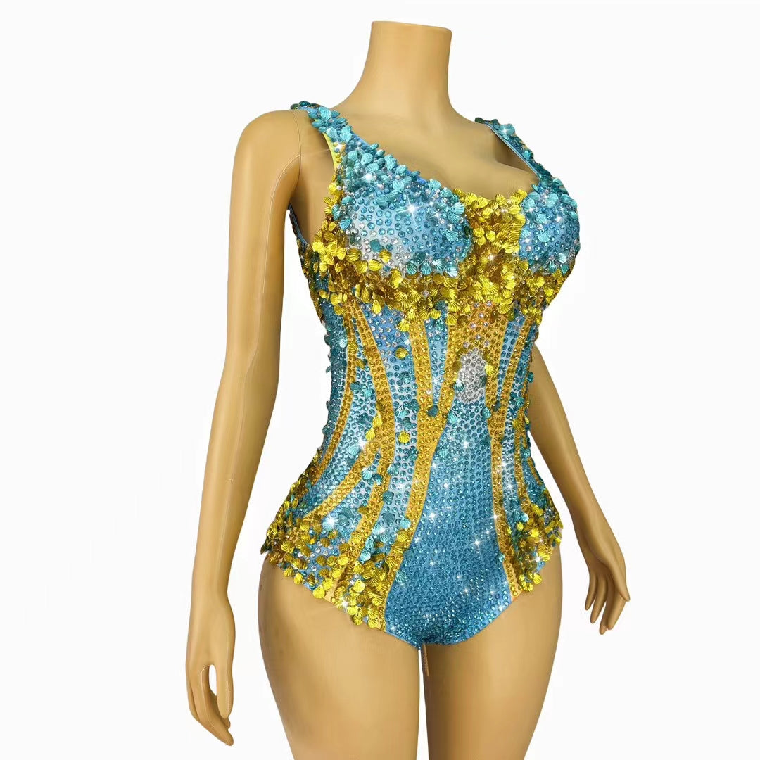 CELESINYI Lanmeimei Crystal Gold Scallop Bodysuit