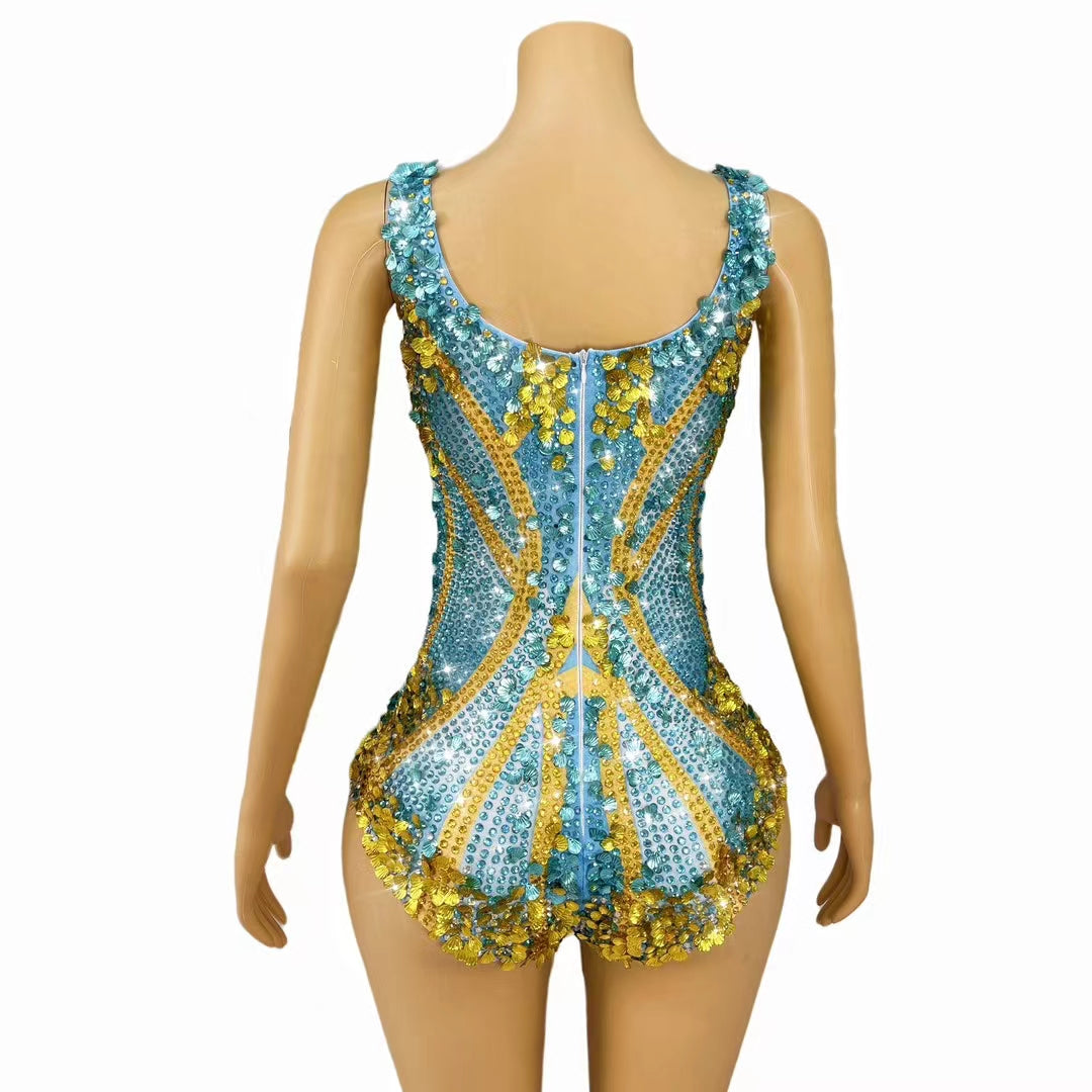 CELESINYI Lanmeimei Crystal Gold Scallop Bodysuit