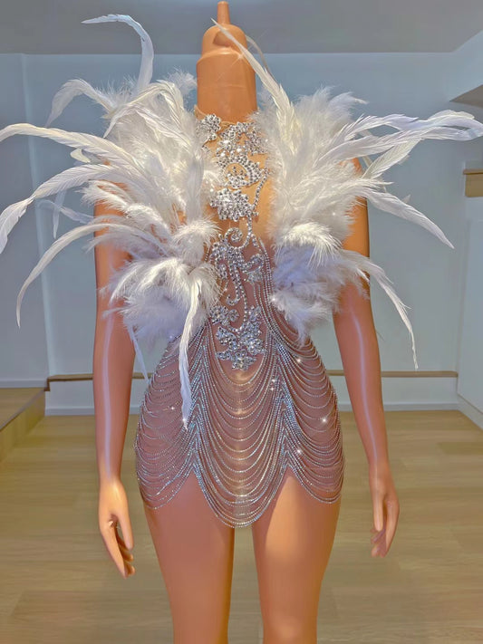 Majia White Feather Diamonds Chains Short Dress