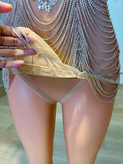 Majia White Feather Diamonds Chains Short Dress