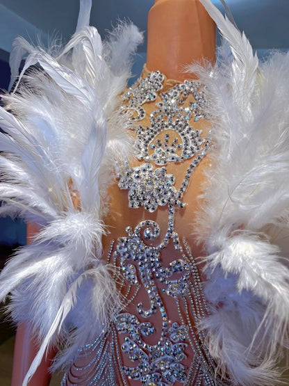 Majia White Feather Diamonds Chains Short Dress