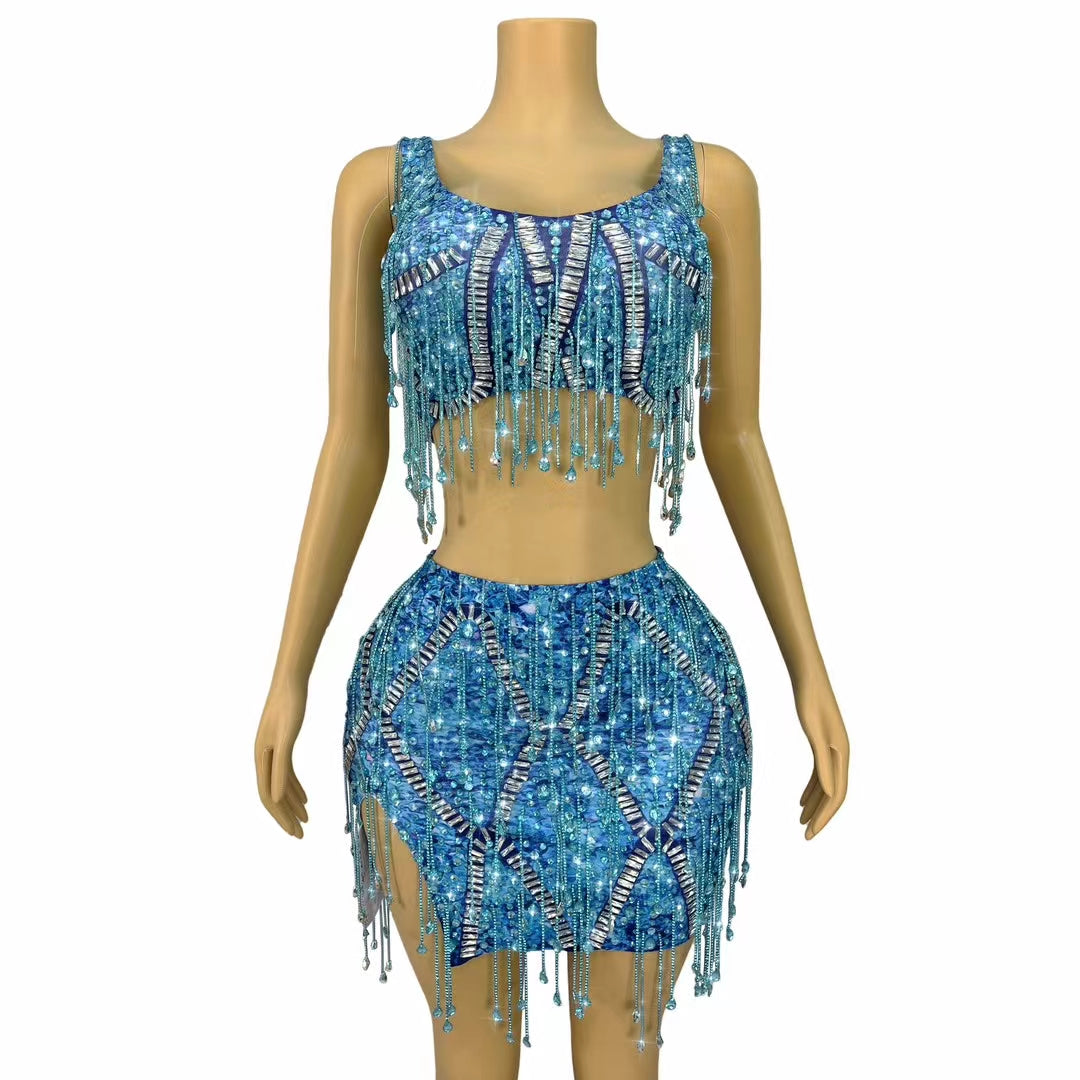 CELESINYI Caodi Crystal Blue Fringe Set