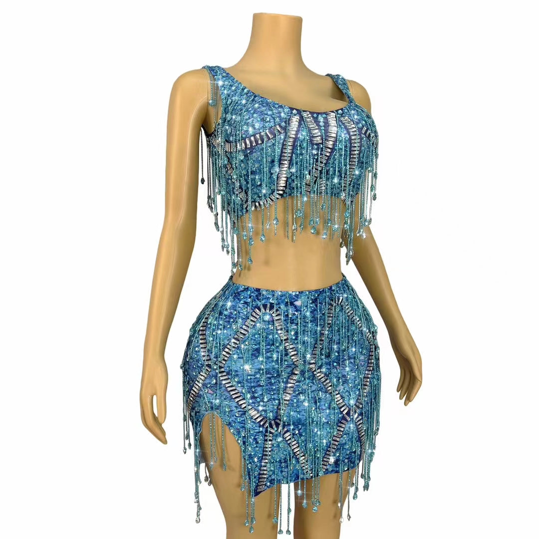 CELESINYI Caodi Crystal Blue Fringe Set
