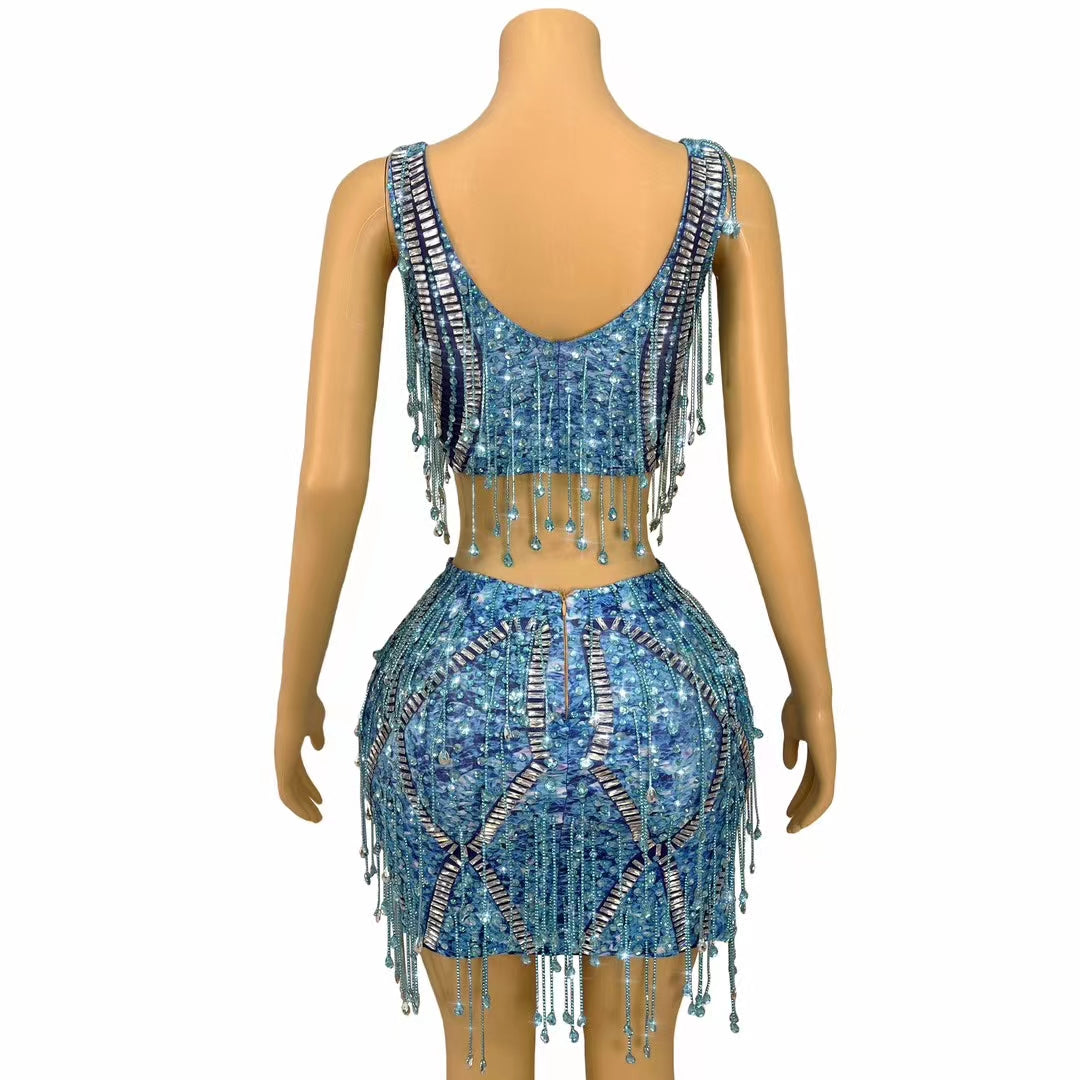 CELESINYI Caodi Crystal Blue Fringe Set