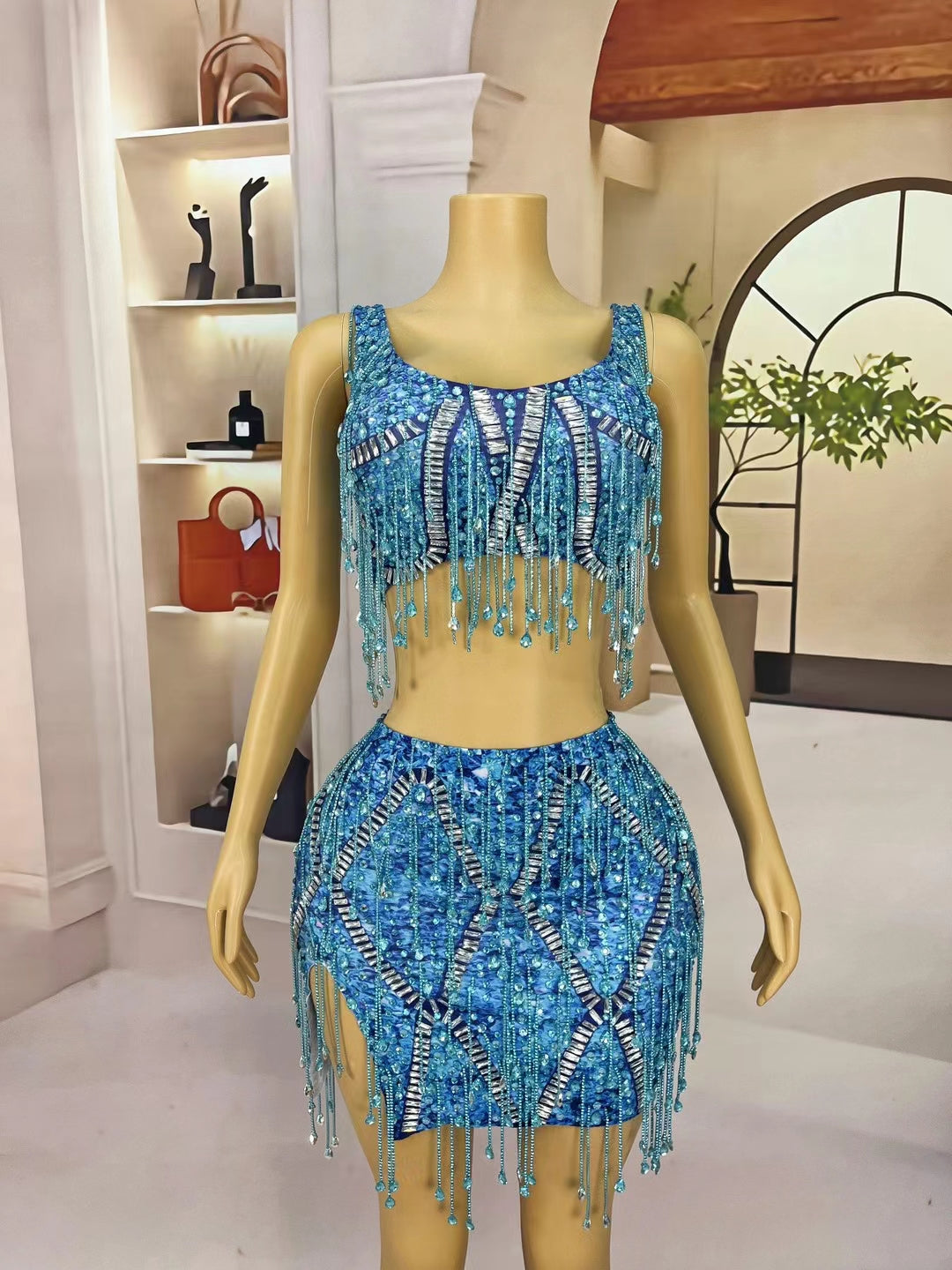 CELESINYI Caodi Crystal Blue Fringe Set
