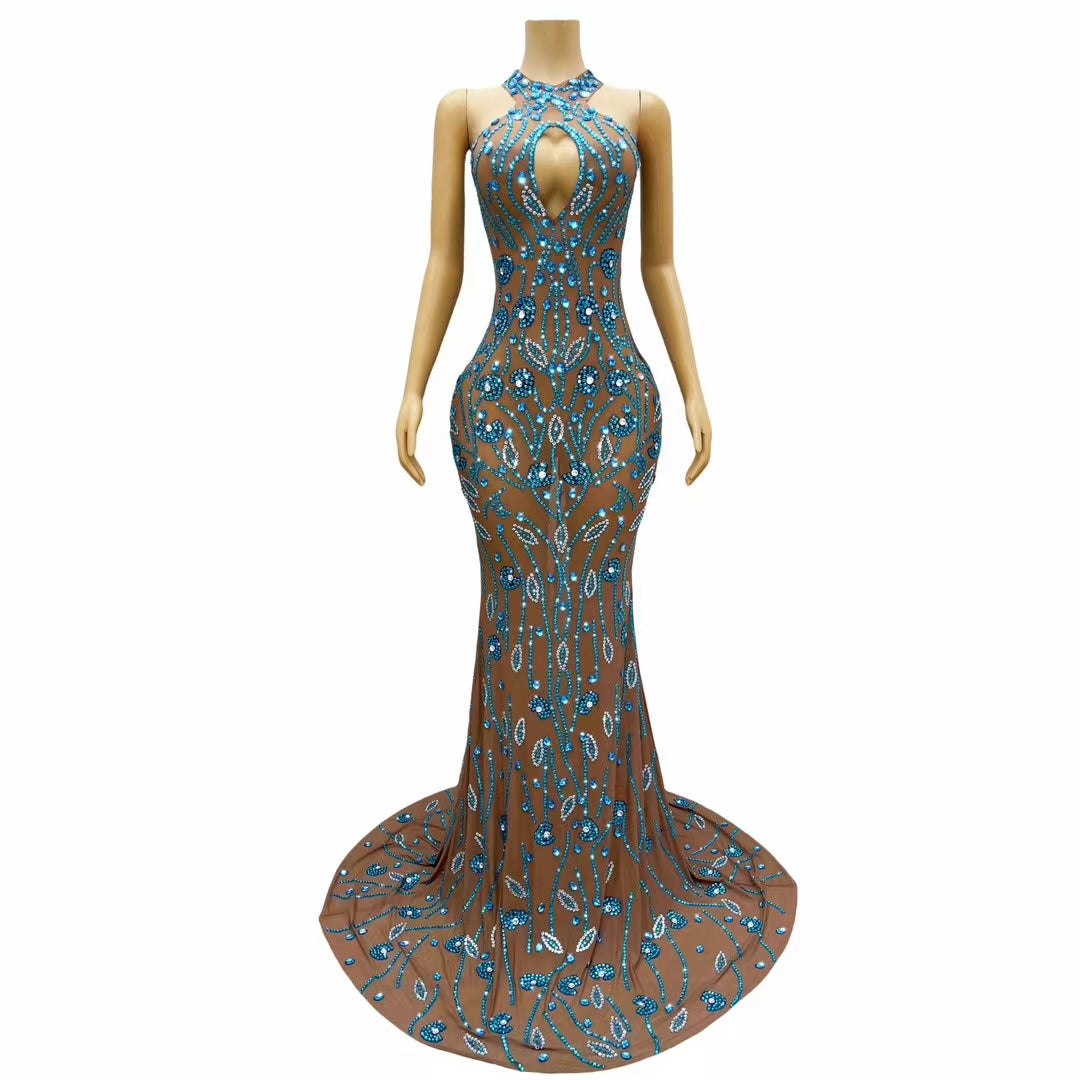 CELESINYI Lanyinhua Crystal Sapphire Halter Gown