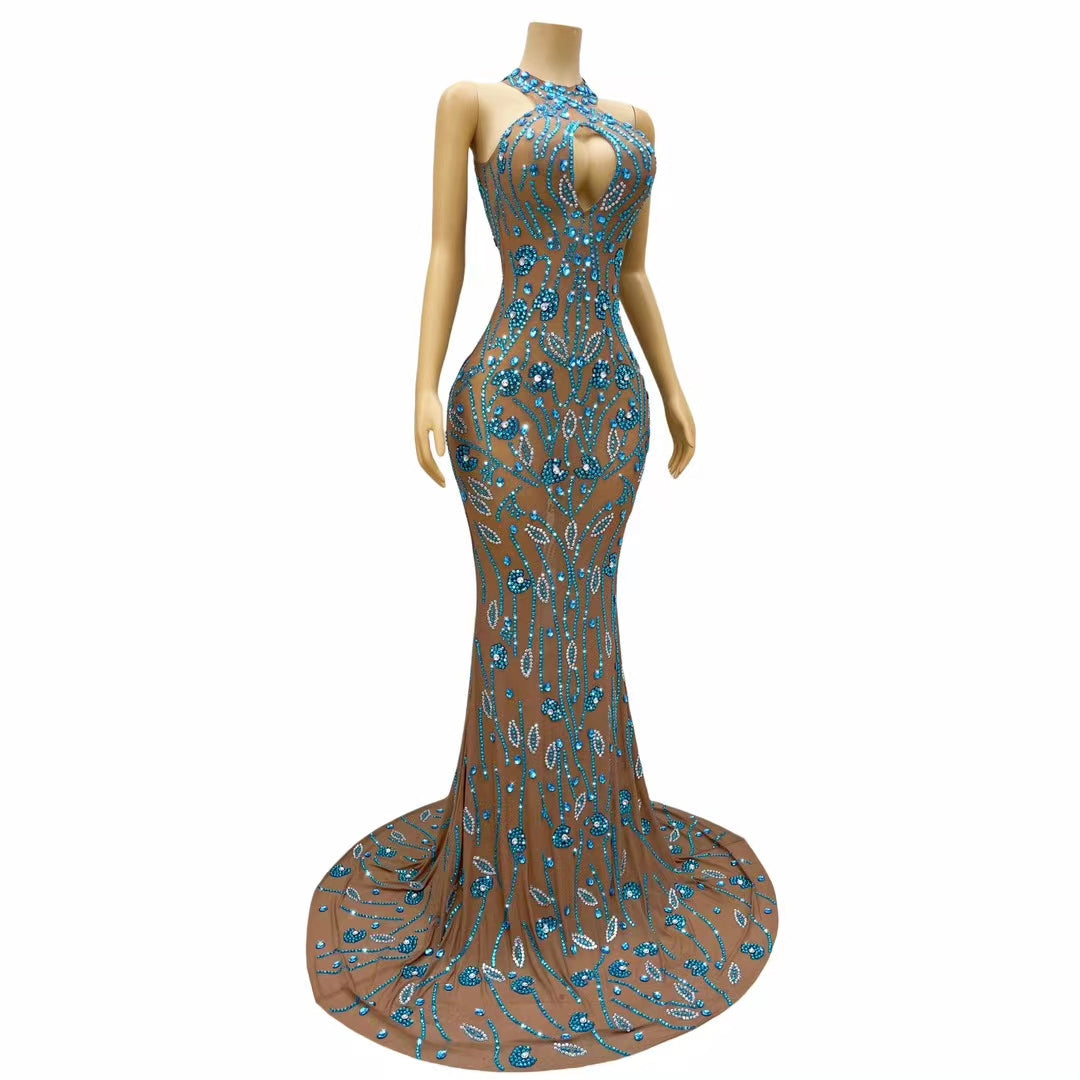 CELESINYI Lanyinhua Crystal Sapphire Halter Gown