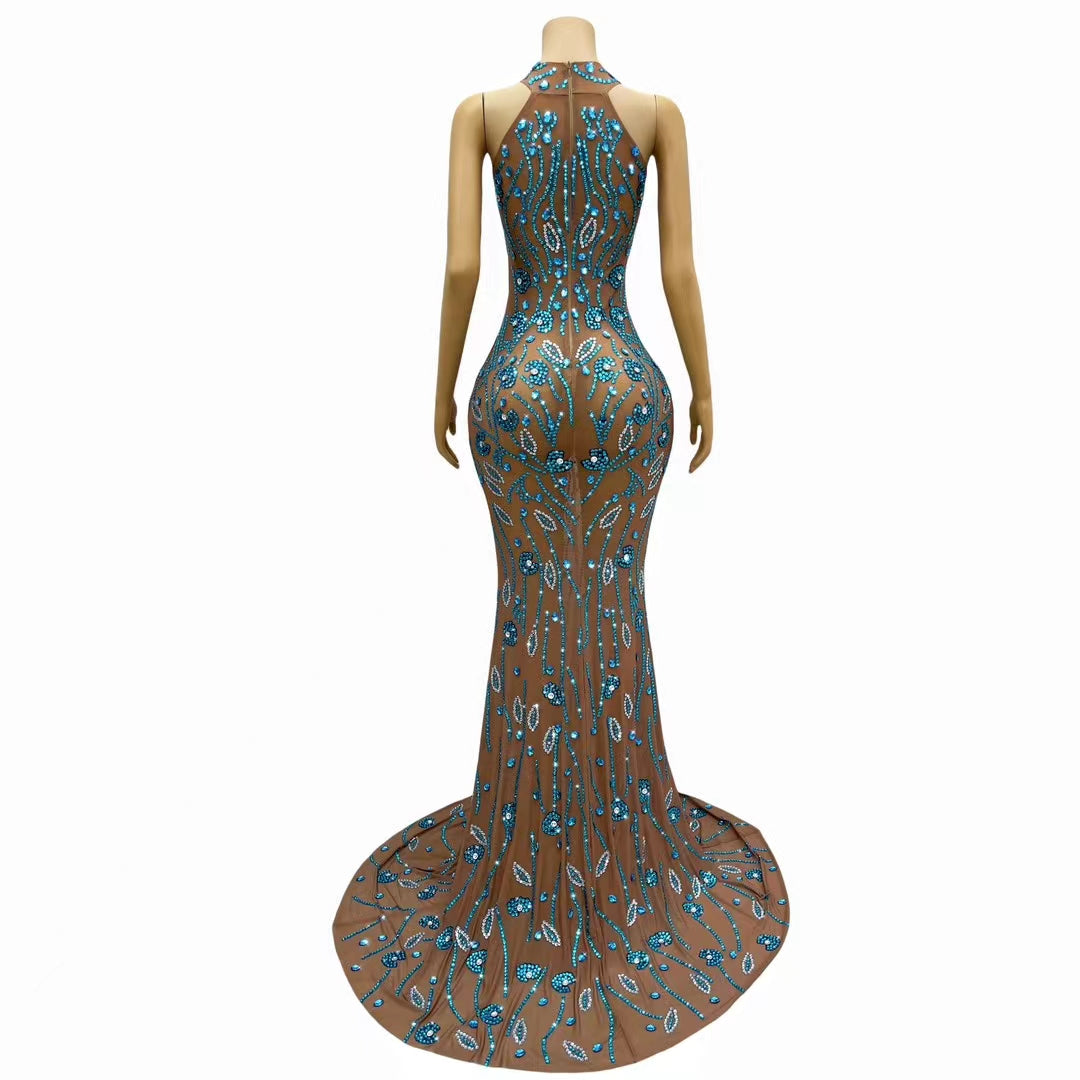CELESINYI Lanyinhua Crystal Sapphire Halter Gown