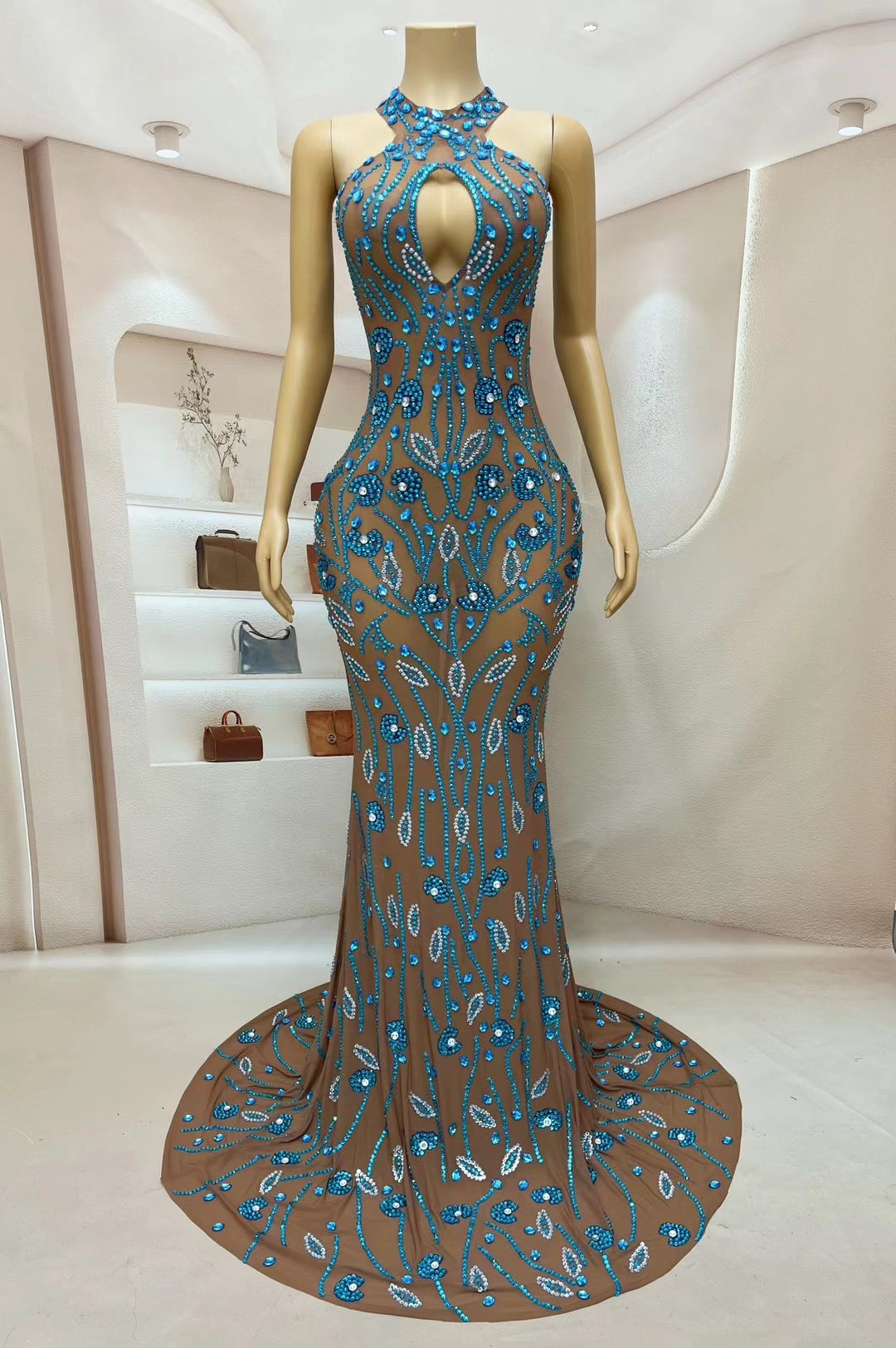 CELESINYI Lanyinhua Crystal Sapphire Halter Gown