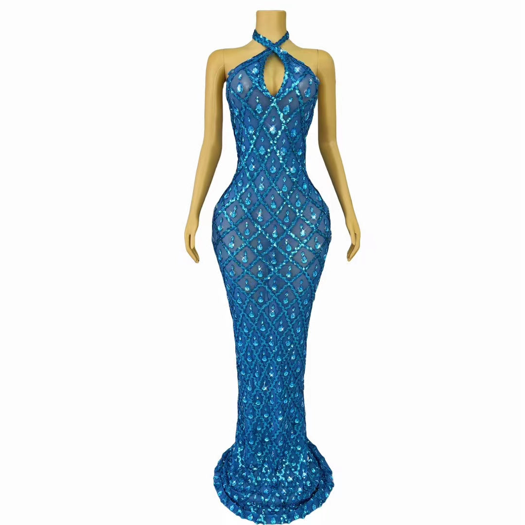 CELESINYI Shaokaojiejiaocha Crystal Blue Criss Cross Halter Gown