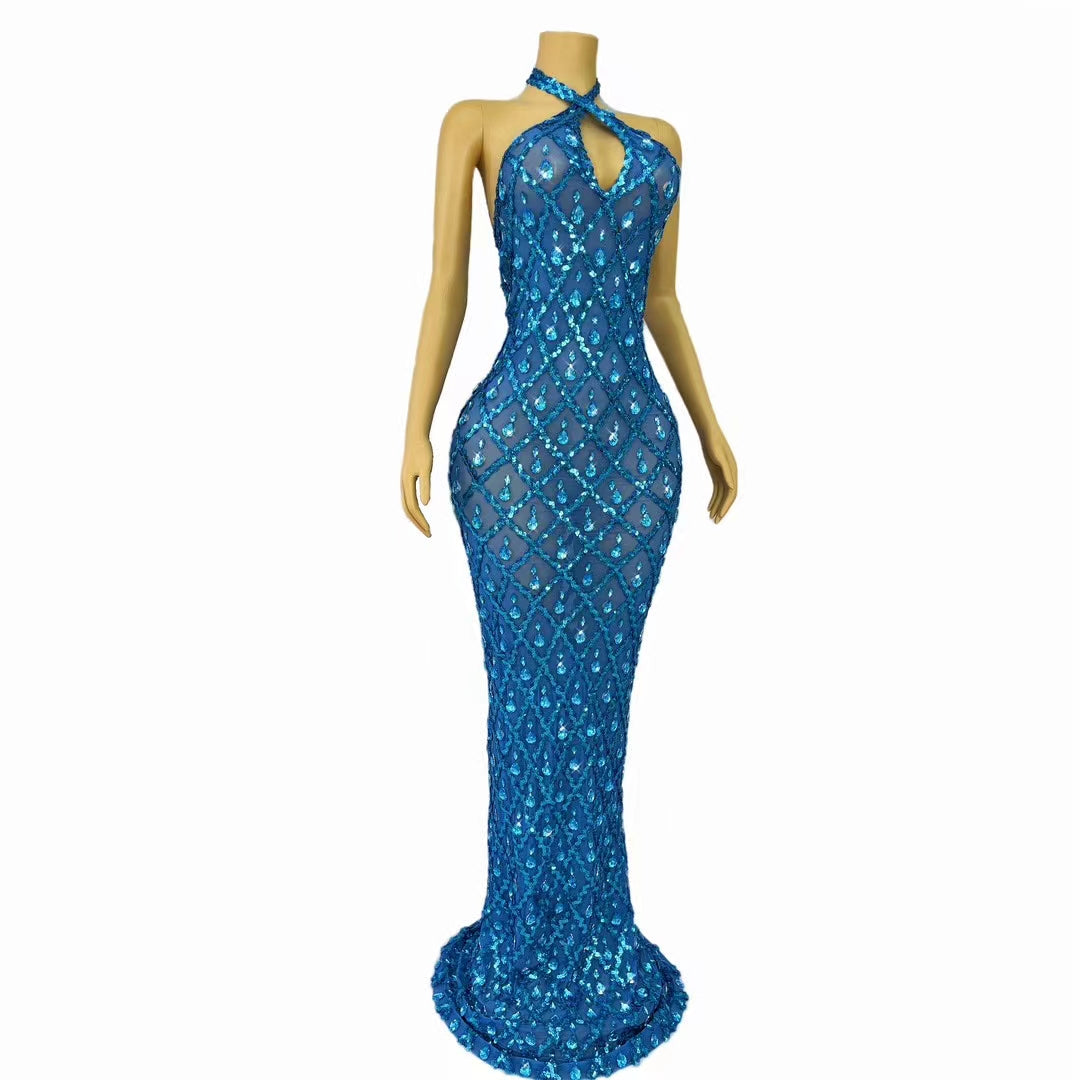 CELESINYI Shaokaojiejiaocha Crystal Blue Criss Cross Halter Gown