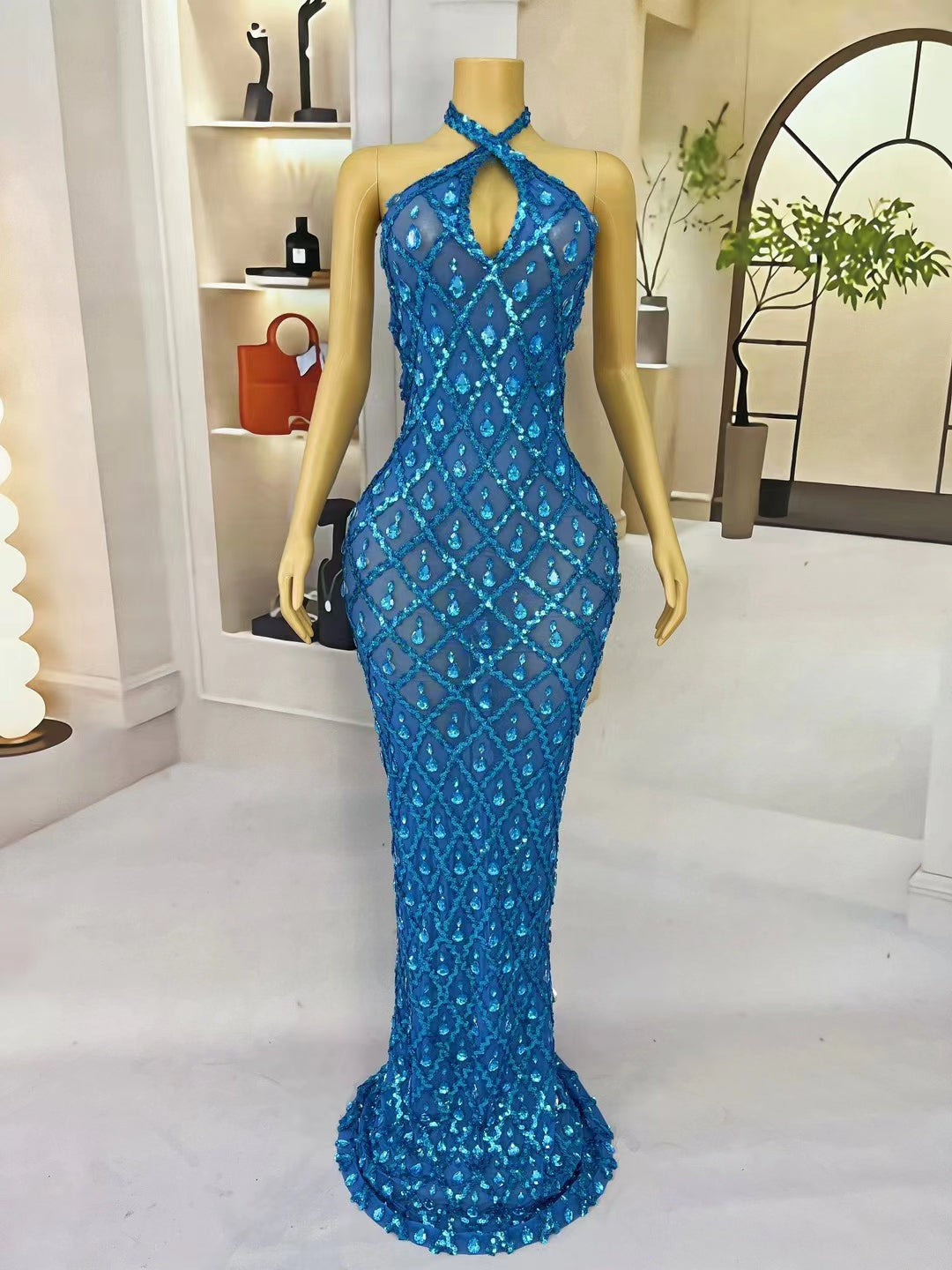 CELESINYI Shaokaojiejiaocha Crystal Blue Criss Cross Halter Gown