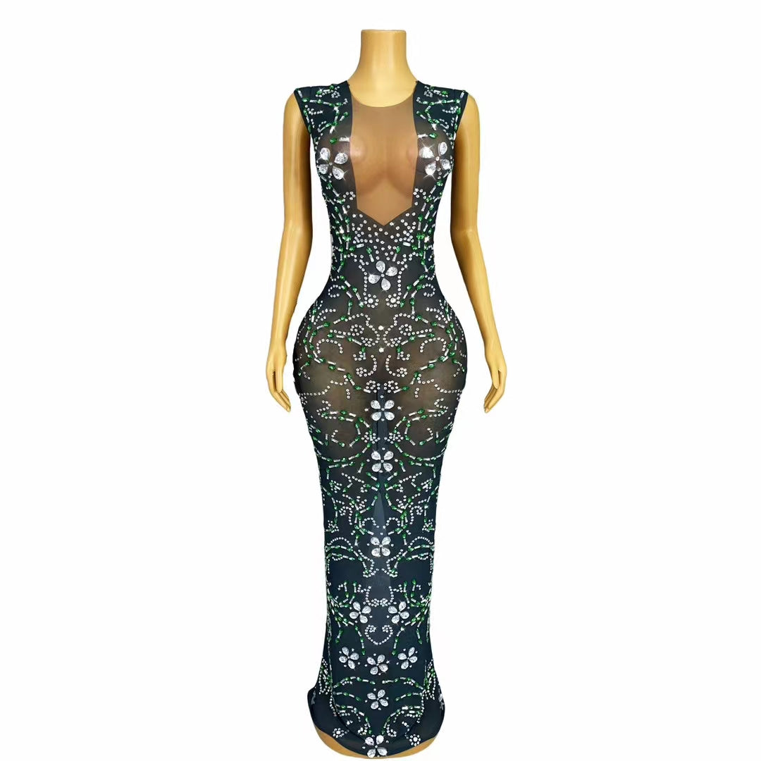 CELESINYI Qingteng Crystal Emerald Vine Illusion Dress
