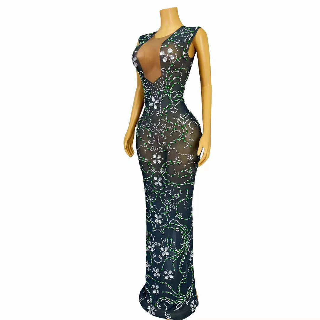CELESINYI Qingteng Crystal Emerald Vine Illusion Dress