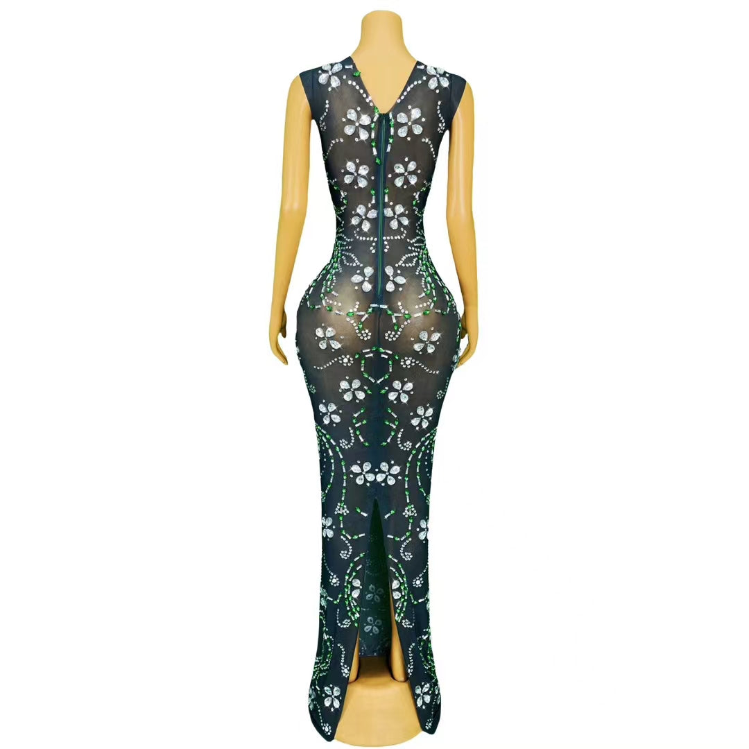 CELESINYI Qingteng Crystal Emerald Vine Illusion Dress