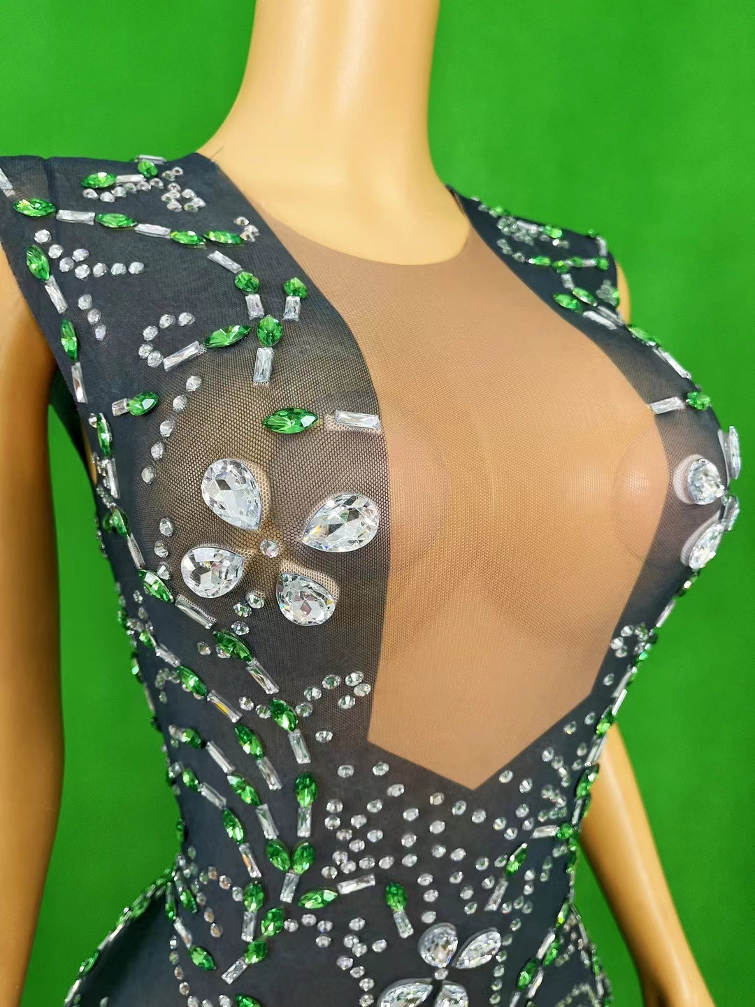 CELESINYI Qingteng Crystal Emerald Vine Illusion Dress