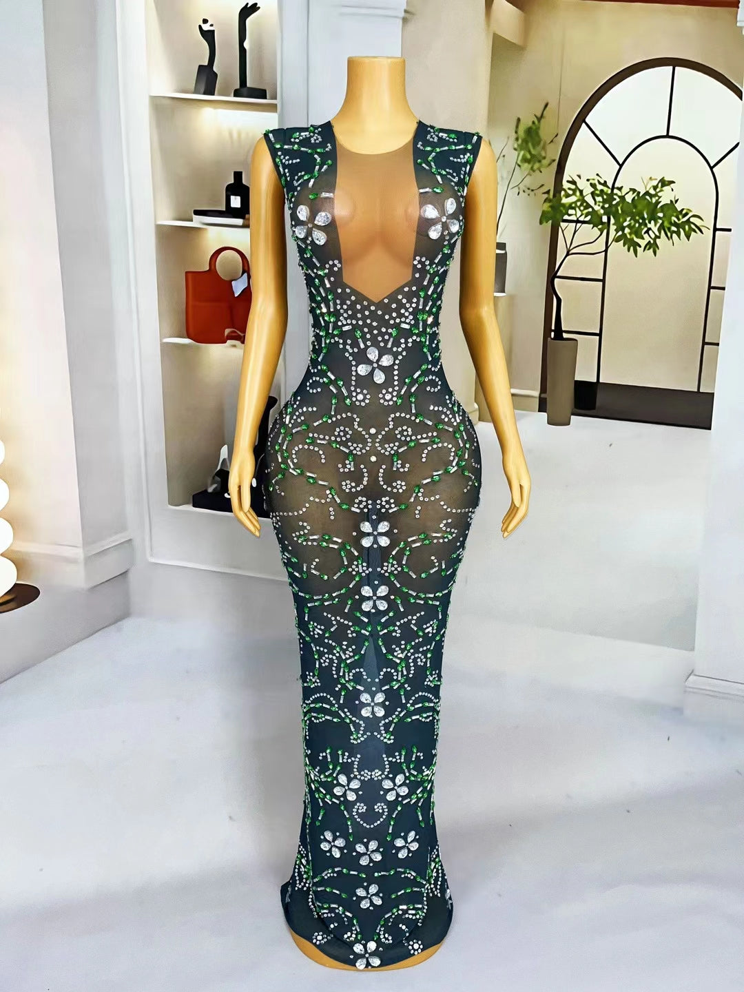 CELESINYI Qingteng Crystal Emerald Vine Illusion Dress