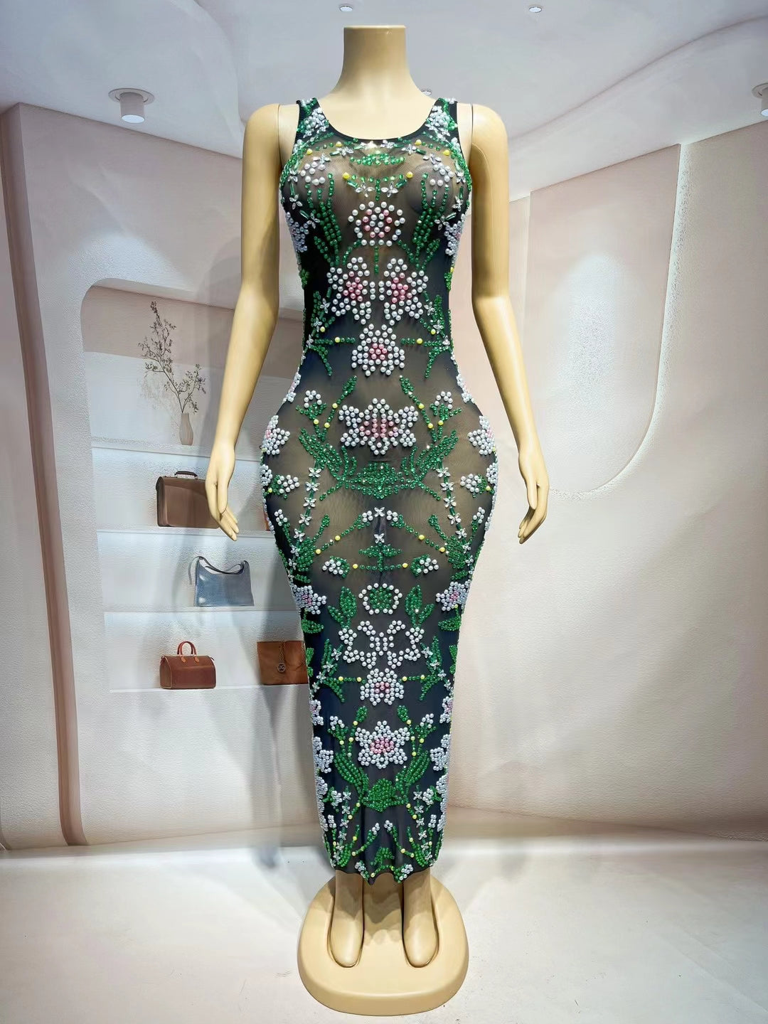 CELESINYI Xiuzhen Crystal Embroidered Maxi Dress