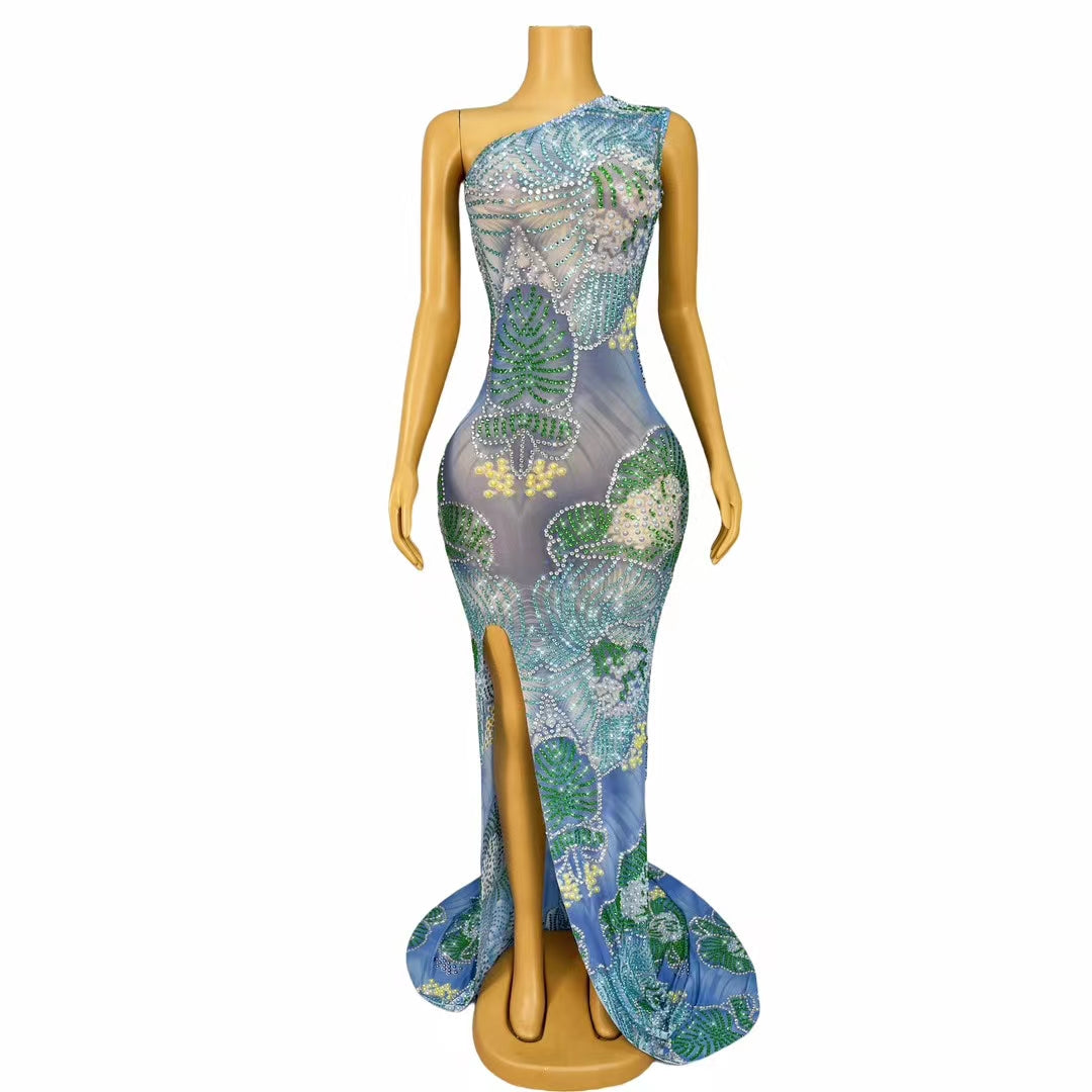 CELESINYI Shuiliuhua Crystal Floral Beaded Gown