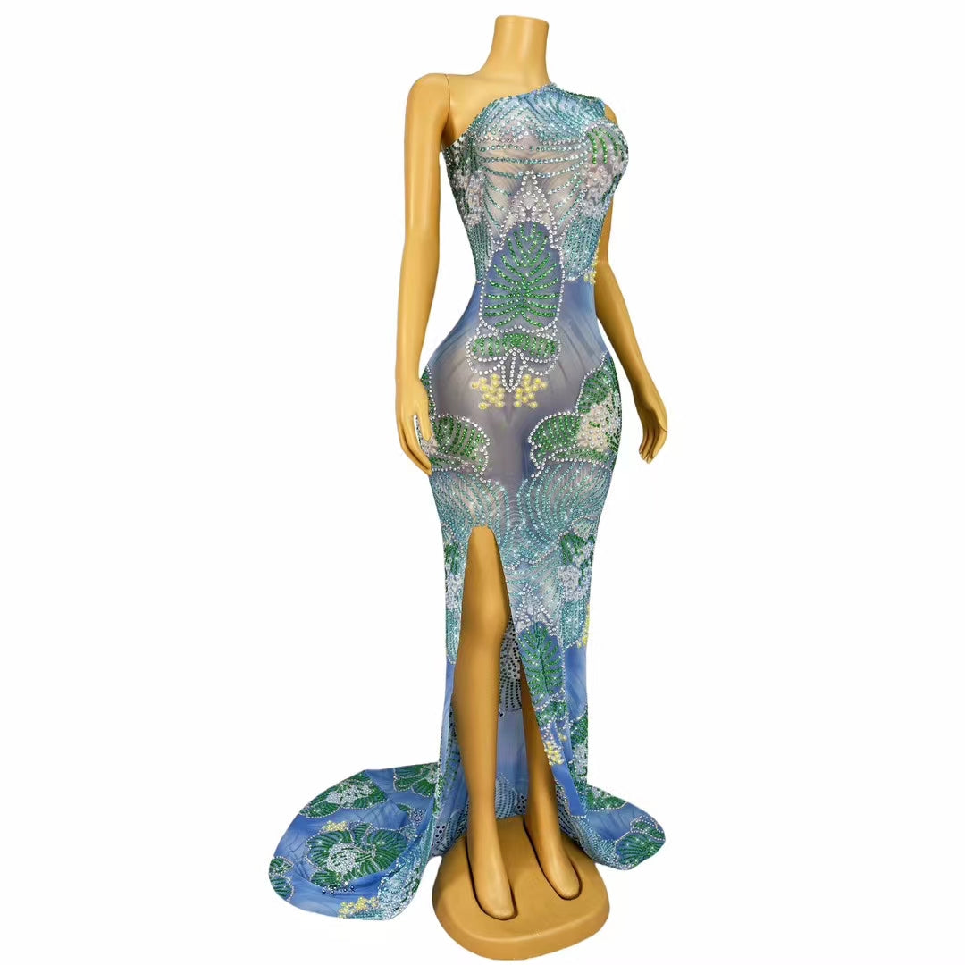 CELESINYI Shuiliuhua Crystal Floral Beaded Gown