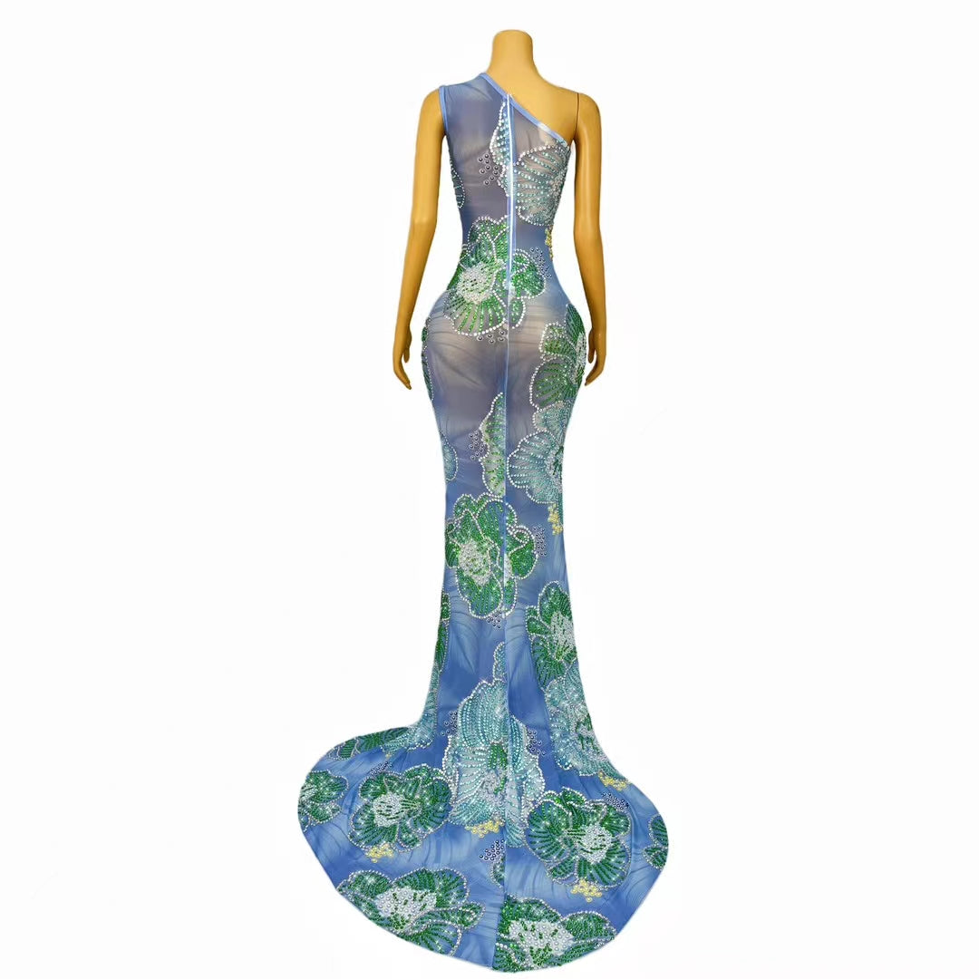 CELESINYI Shuiliuhua Crystal Floral Beaded Gown