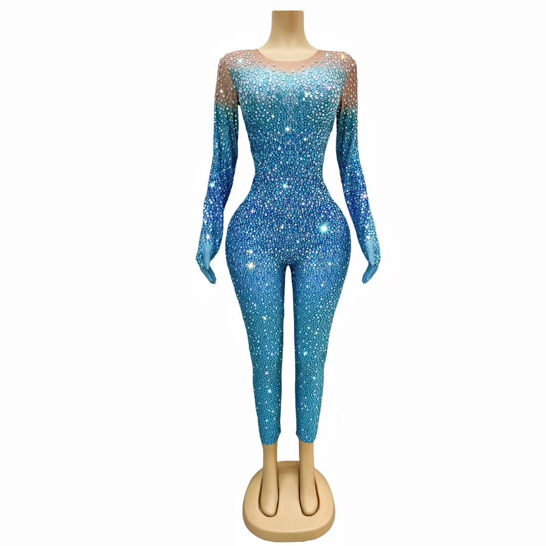 CELESINYI Longlin Crystal Gradient Scale Catsuit with Gloves