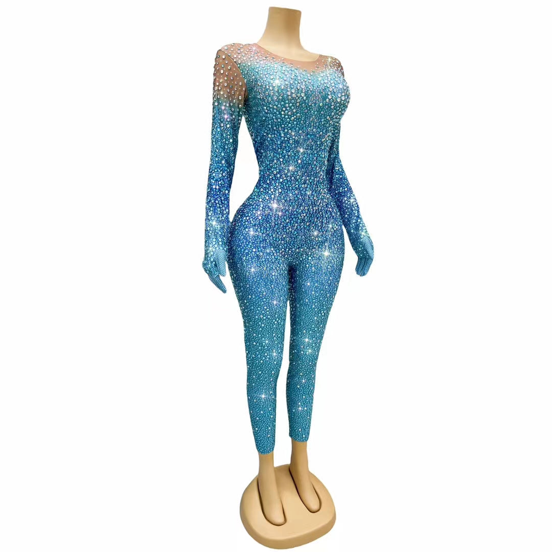 CELESINYI Longlin Crystal Gradient Scale Catsuit with Gloves