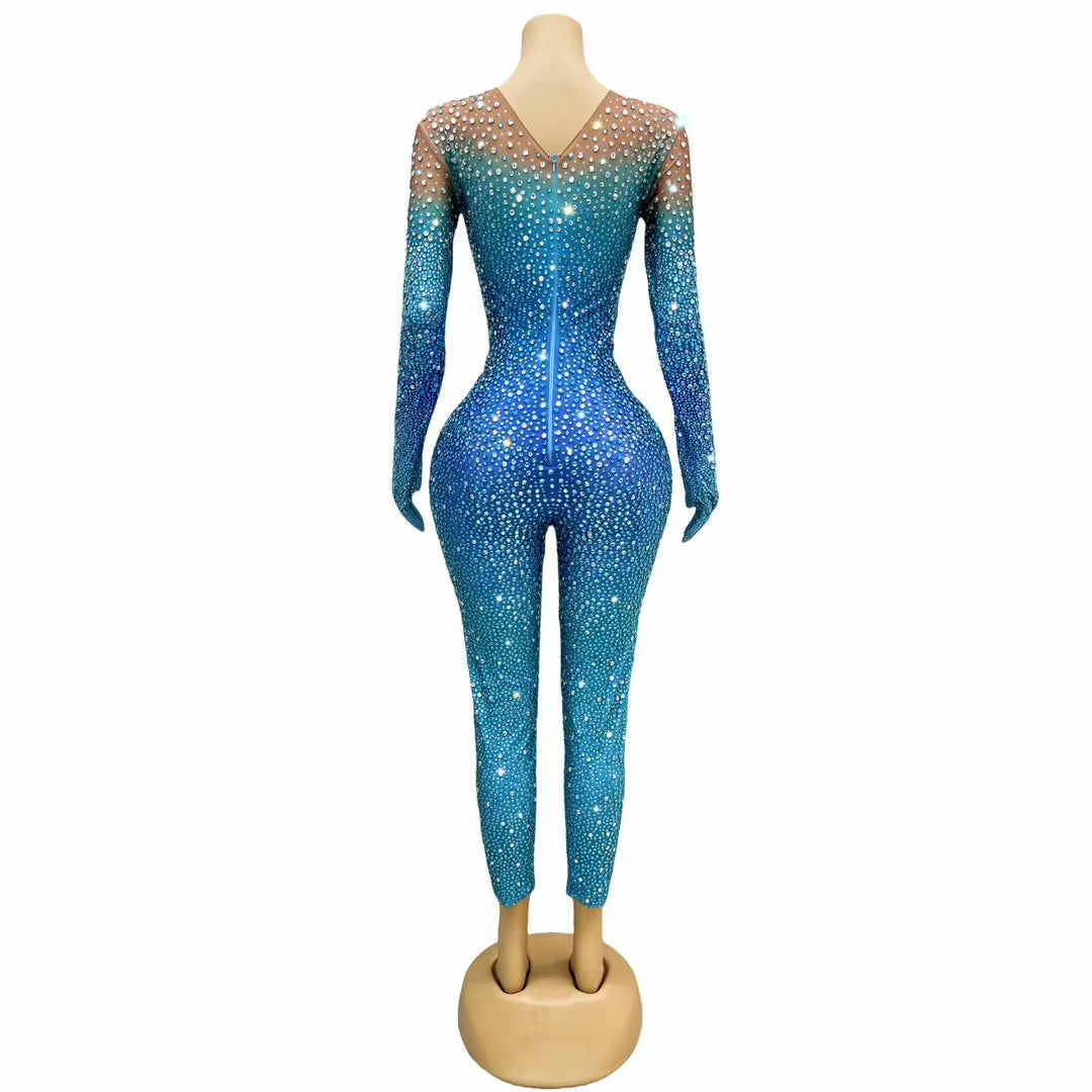 CELESINYI Longlin Crystal Gradient Scale Catsuit with Gloves