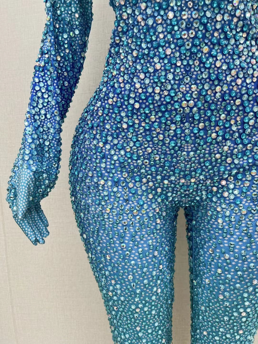 CELESINYI Longlin Crystal Gradient Scale Catsuit with Gloves