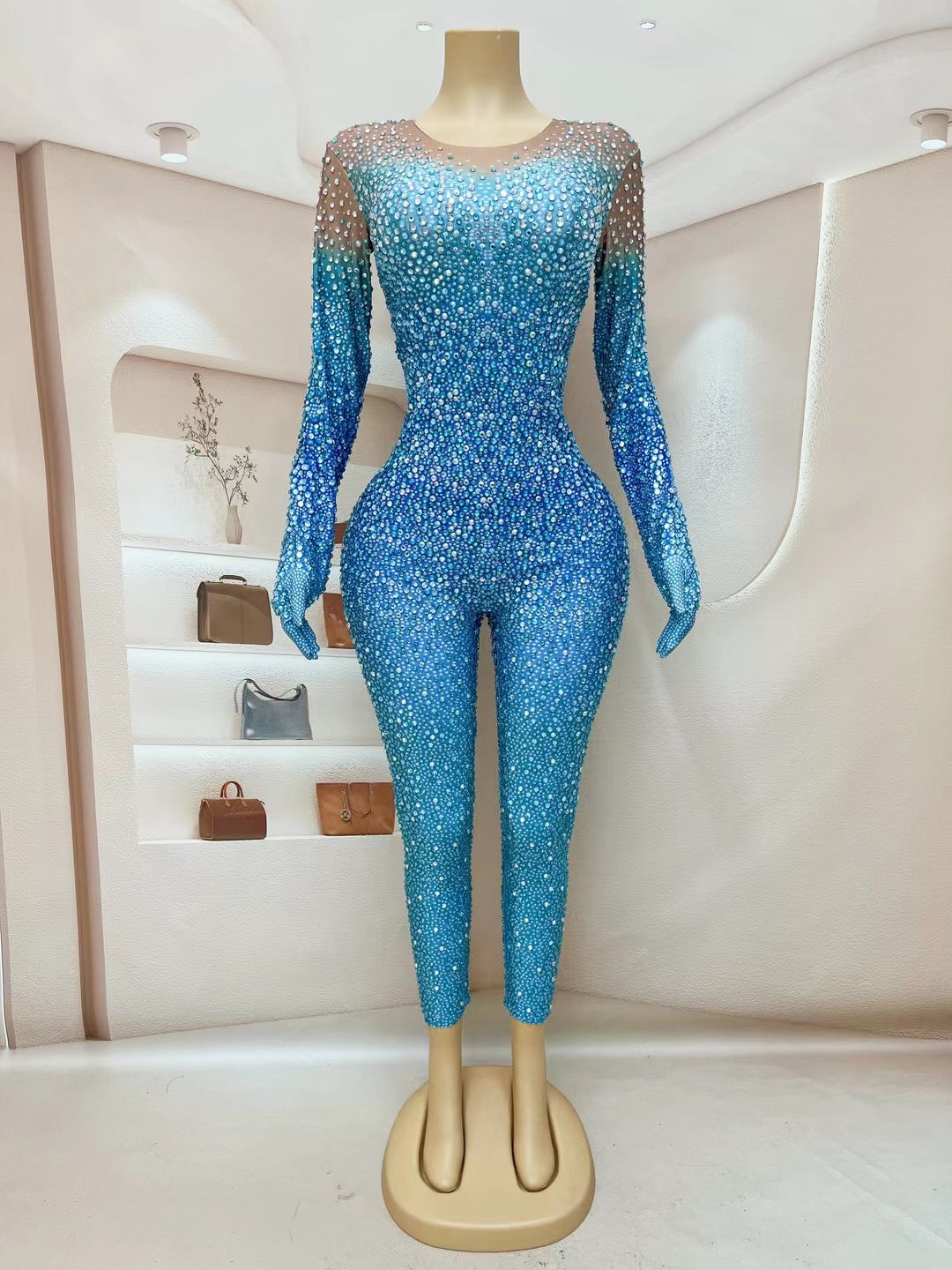 CELESINYI Longlin Crystal Gradient Scale Catsuit with Gloves