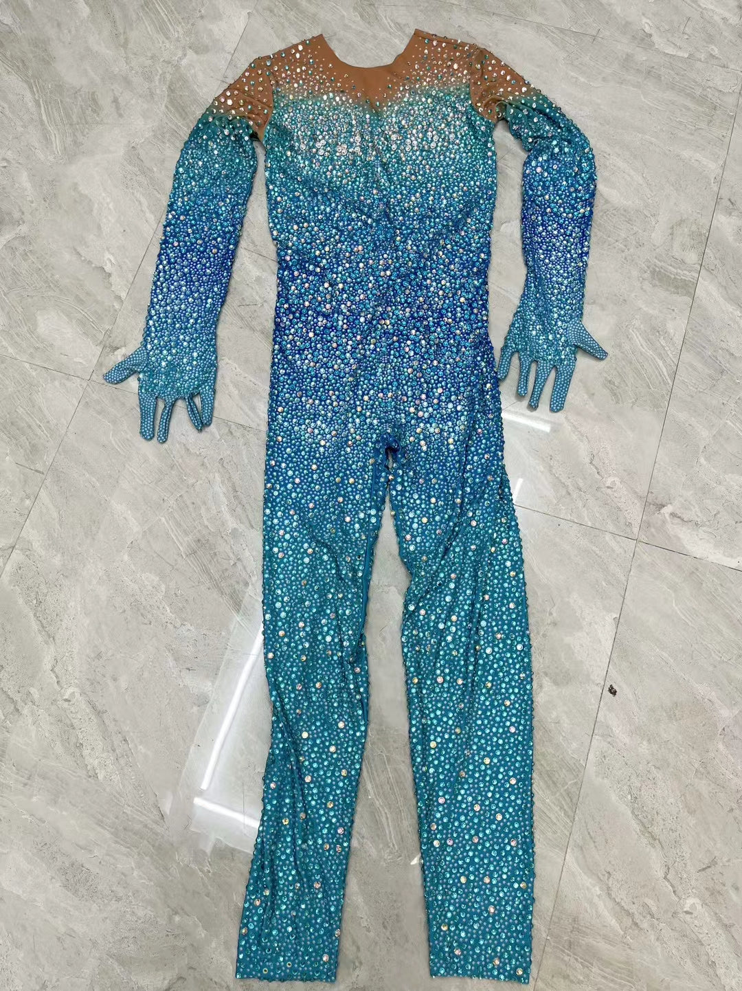 CELESINYI Longlin Crystal Gradient Scale Catsuit with Gloves