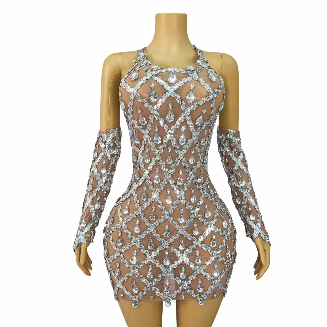 CELESINYI Shaokaojia Crystal Diamond Vest Gloves Bodysuit