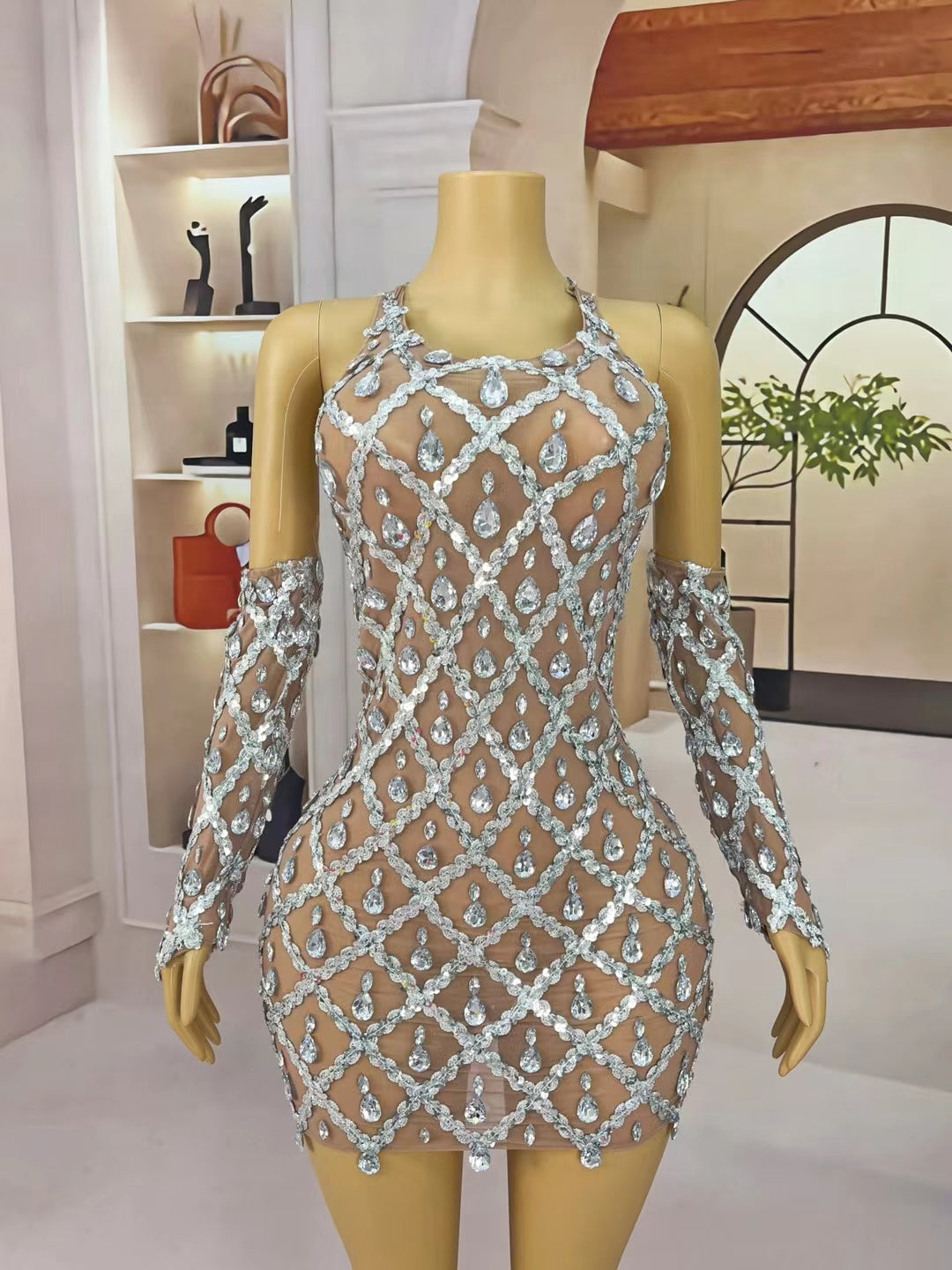 CELESINYI Shaokaojia Crystal Diamond Vest Gloves Bodysuit