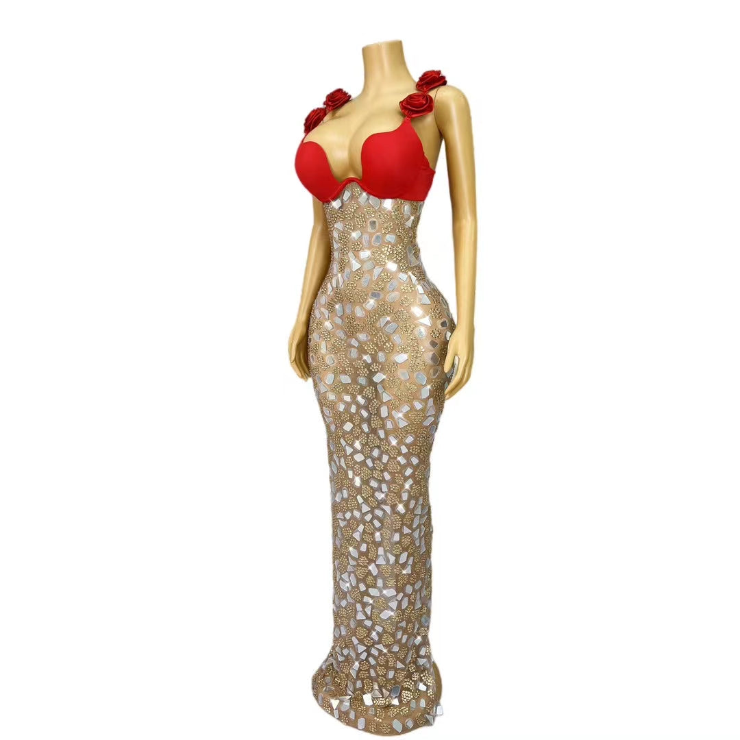 CELESINYI Huahuashi Crystal Rose Corset Bodysuit
