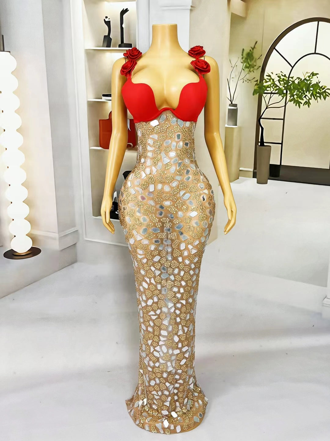 CELESINYI Huahuashi Crystal Rose Corset Bodysuit
