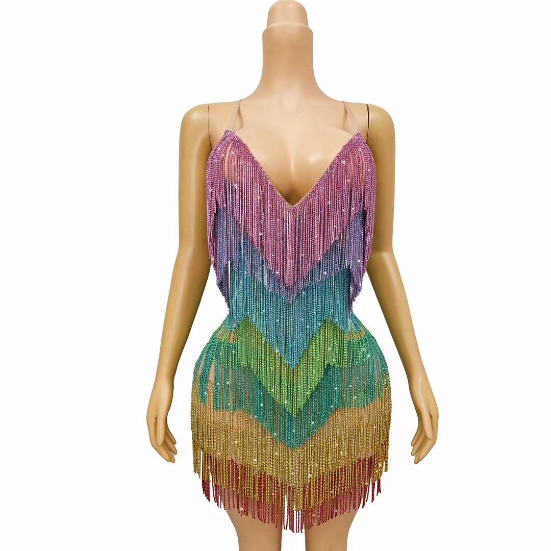 CELESINYI Tiaoyuan Crystal Colorful Fringe Mini Dress
