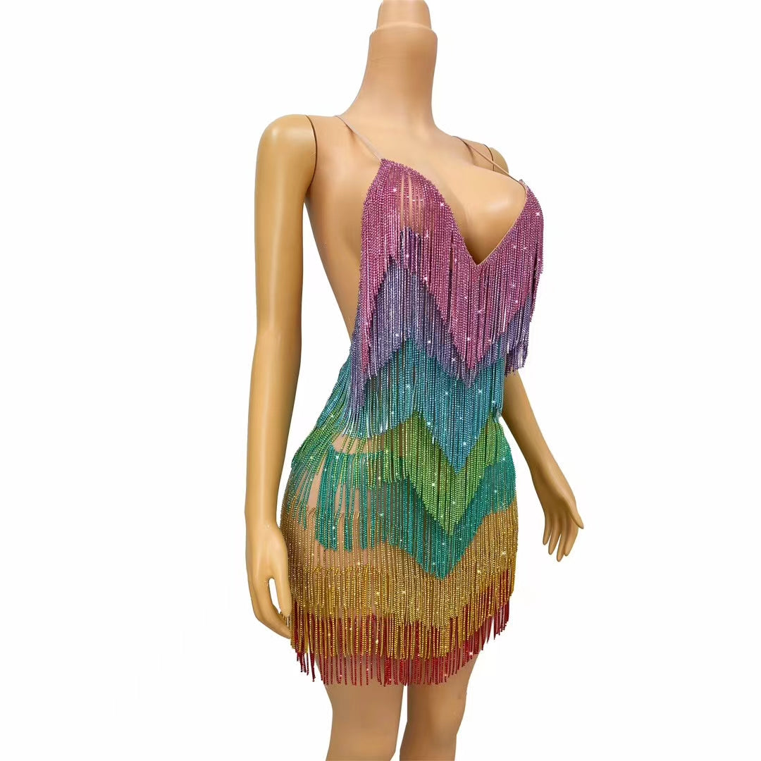 CELESINYI Tiaoyuan Crystal Colorful Fringe Mini Dress