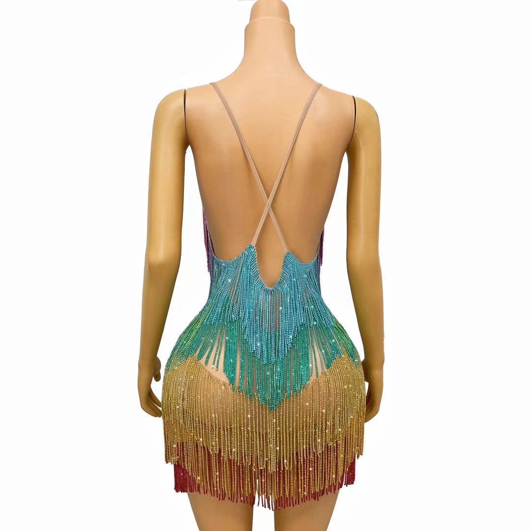CELESINYI Tiaoyuan Crystal Colorful Fringe Mini Dress
