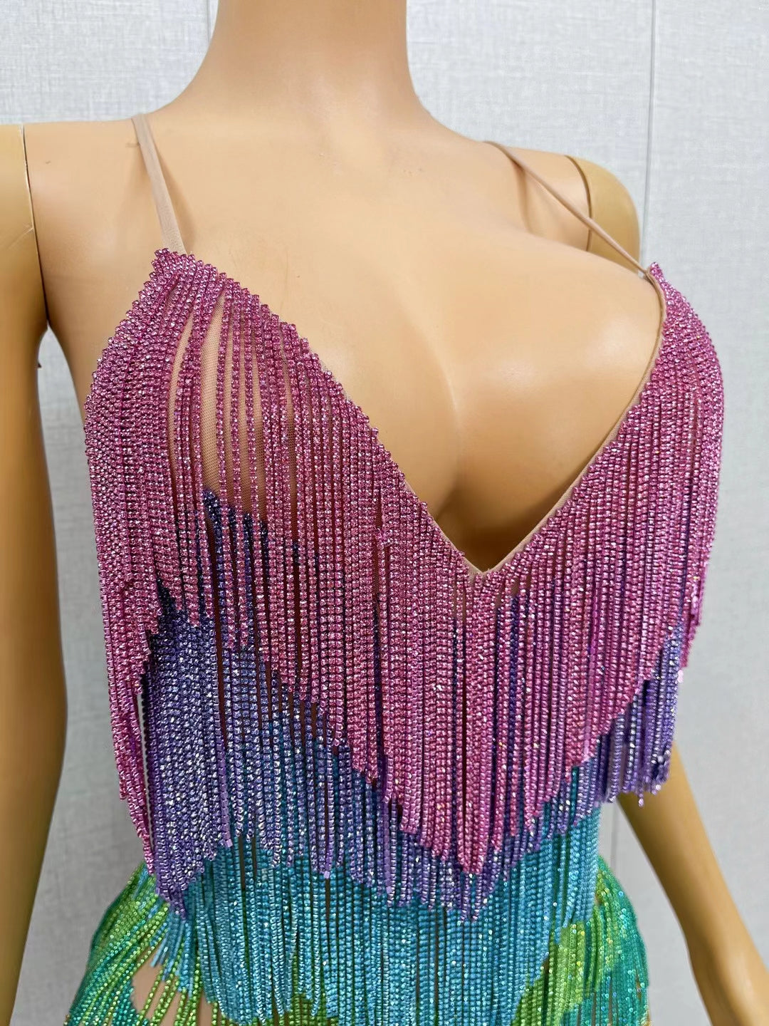CELESINYI Tiaoyuan Crystal Colorful Fringe Mini Dress