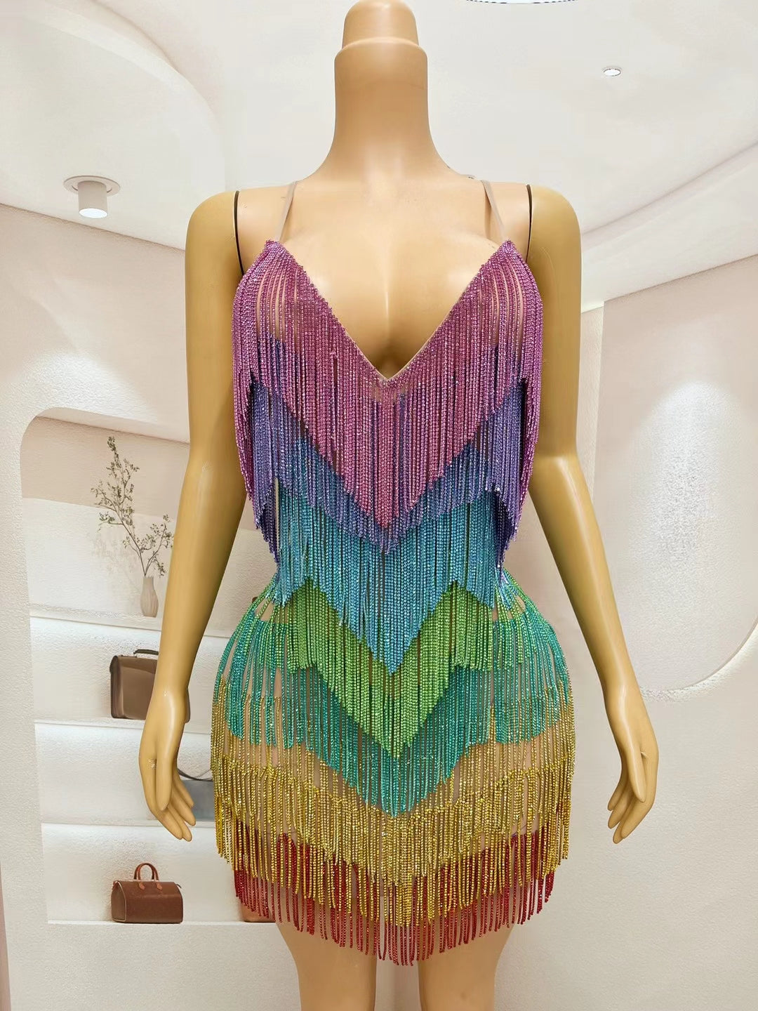 CELESINYI Tiaoyuan Crystal Colorful Fringe Mini Dress