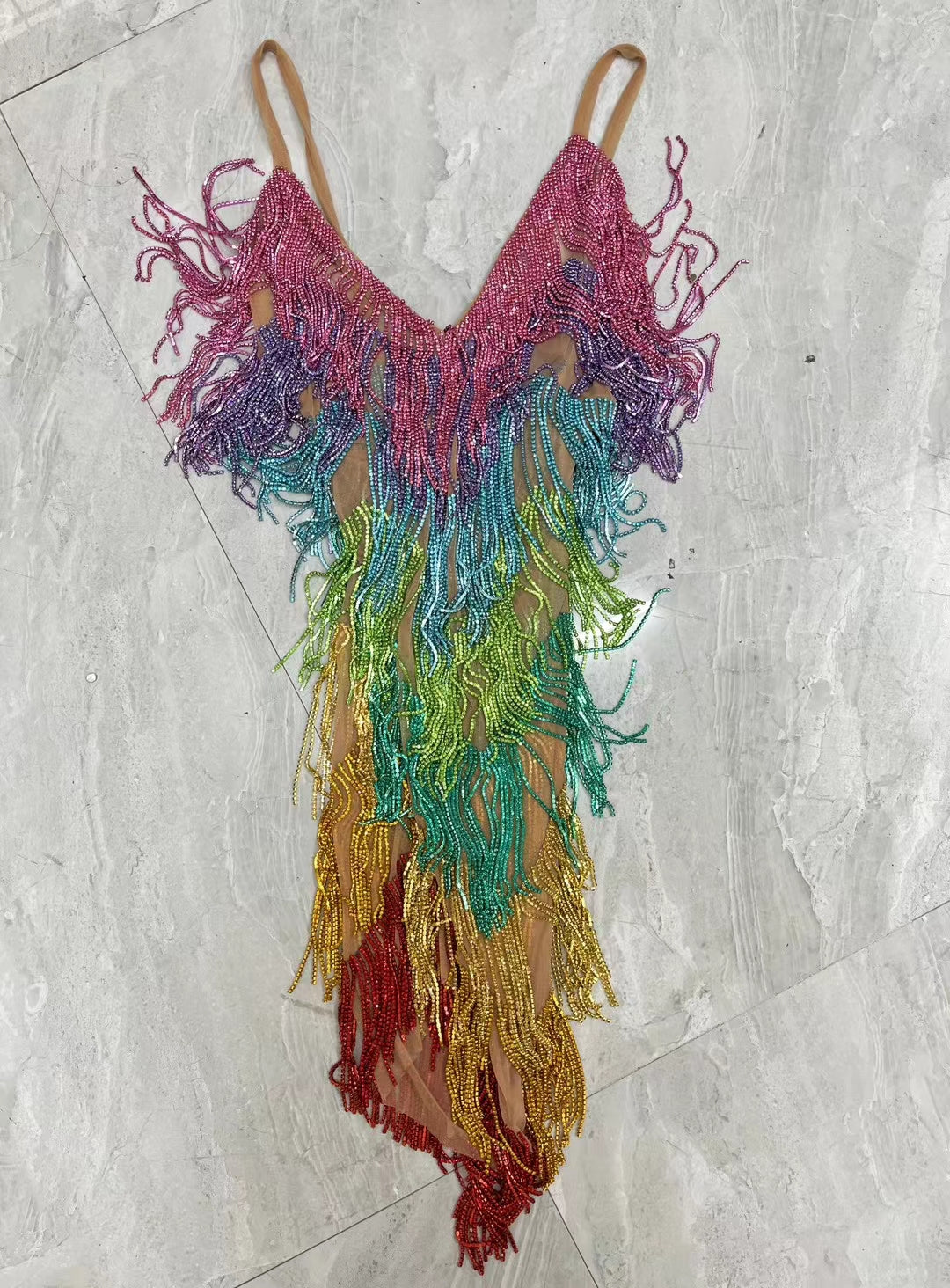 CELESINYI Tiaoyuan Crystal Colorful Fringe Mini Dress