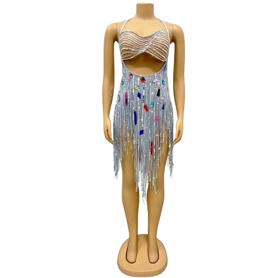 CELESINYI Huixuzi Crystal Fringe Showgirl Mini Dress