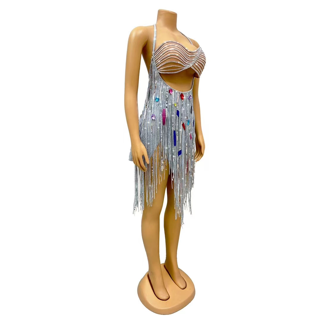 CELESINYI Huixuzi Crystal Fringe Showgirl Mini Dress