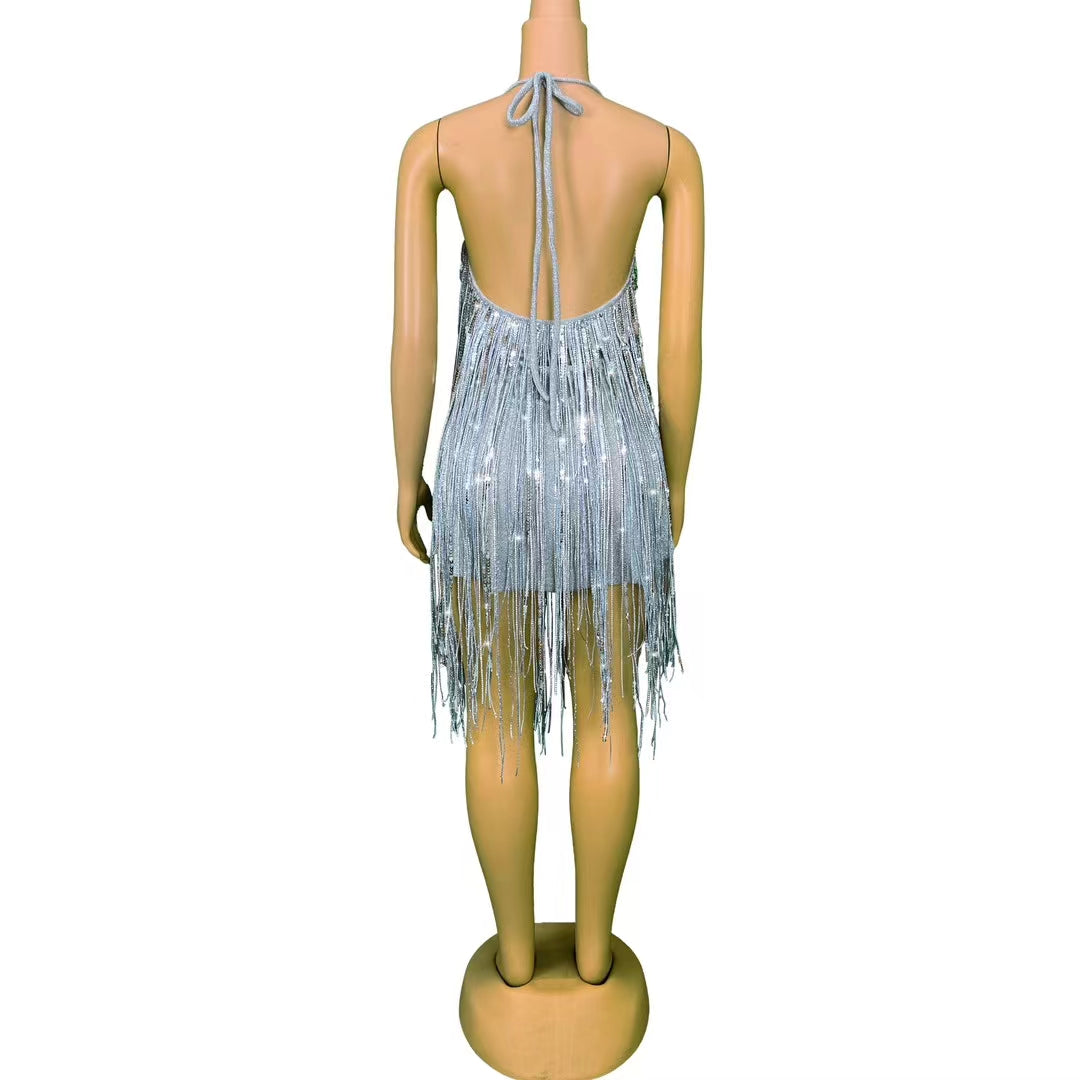 CELESINYI Huixuzi Crystal Fringe Showgirl Mini Dress