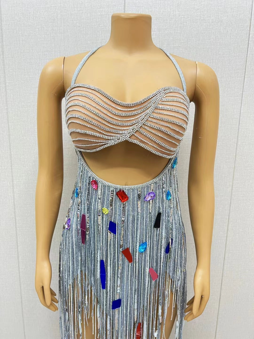 CELESINYI Huixuzi Crystal Fringe Showgirl Mini Dress