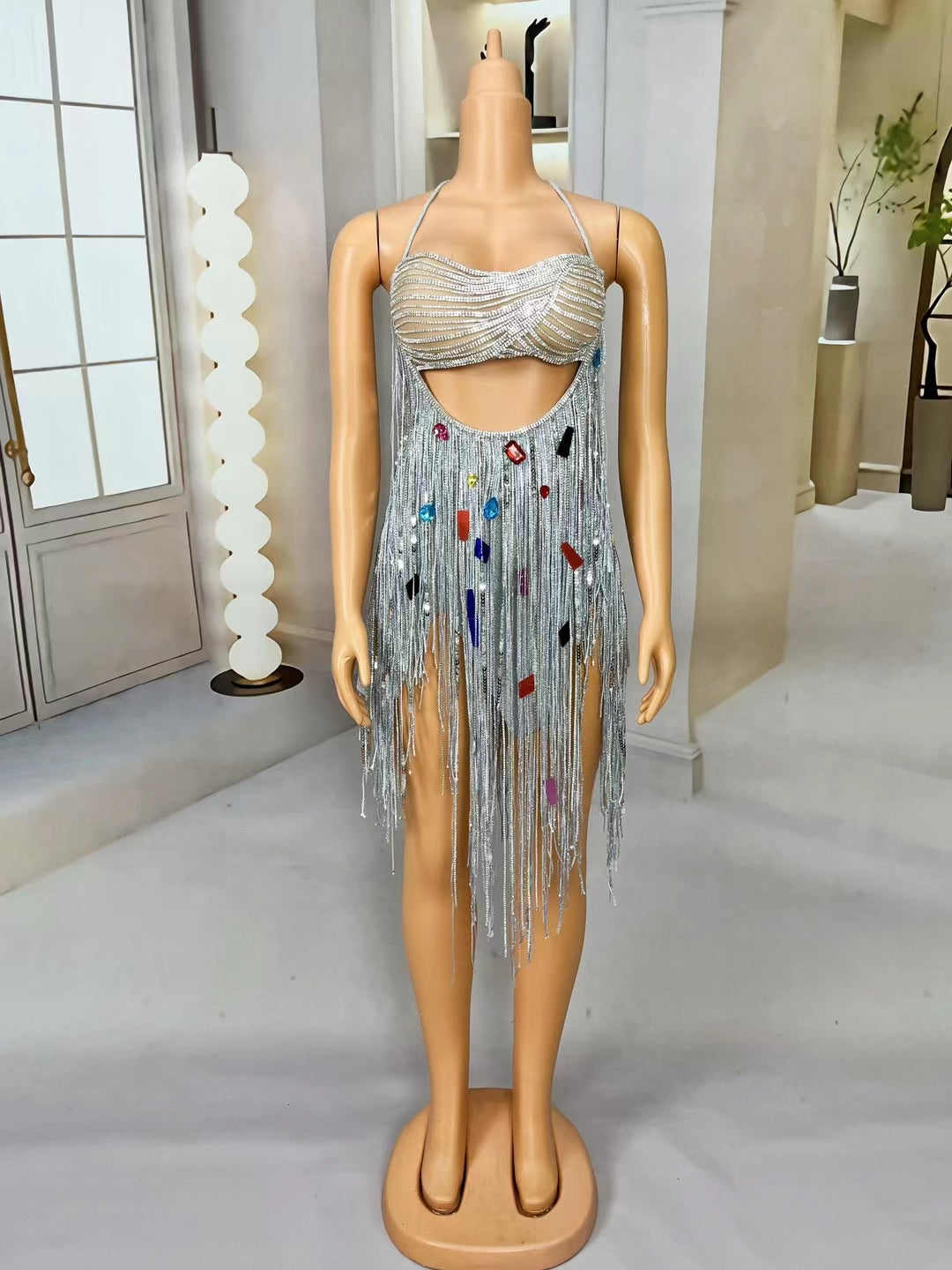 CELESINYI Huixuzi Crystal Fringe Showgirl Mini Dress
