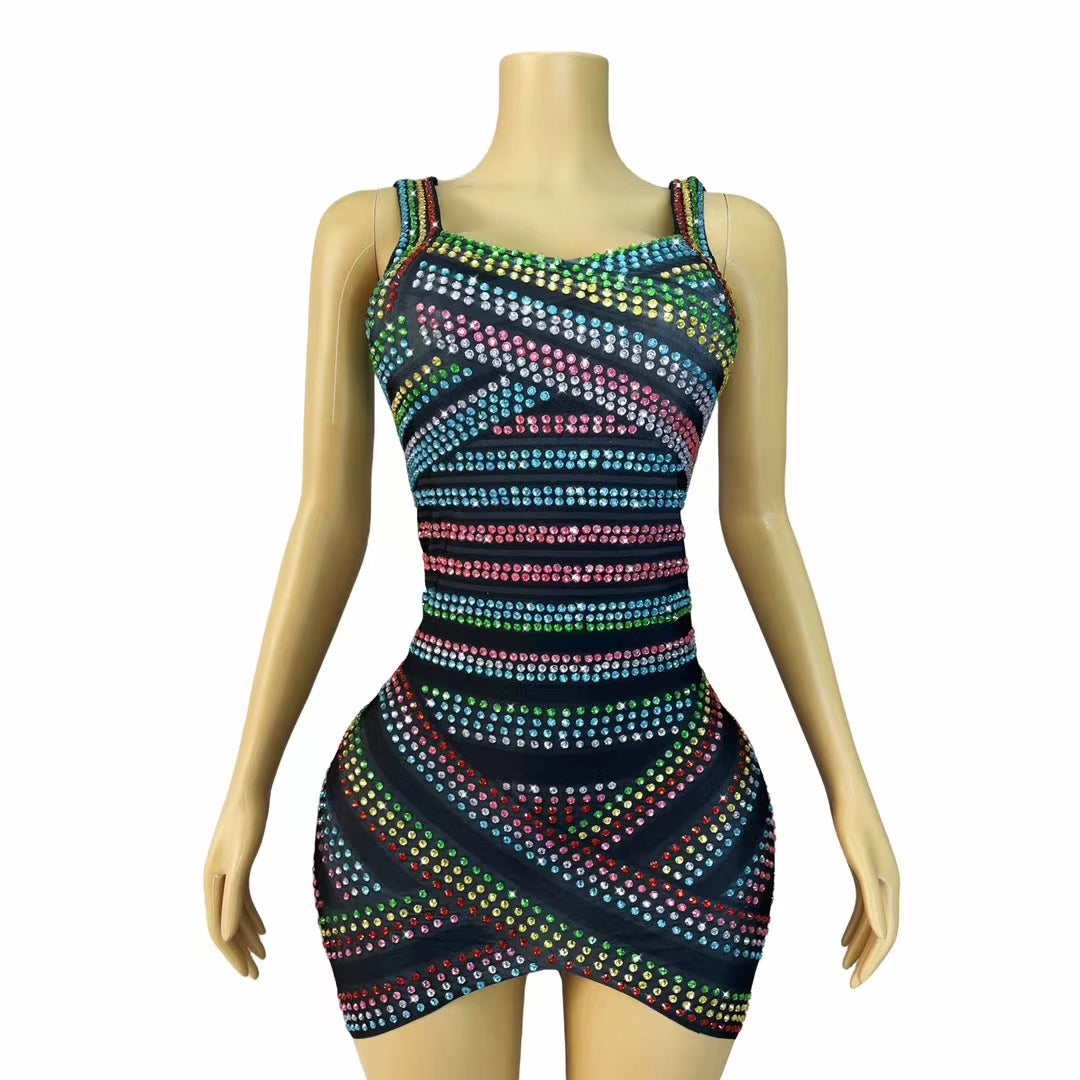 CELESINYI Caisedaidai Crystal Rainbow Ribbon Mini Dress