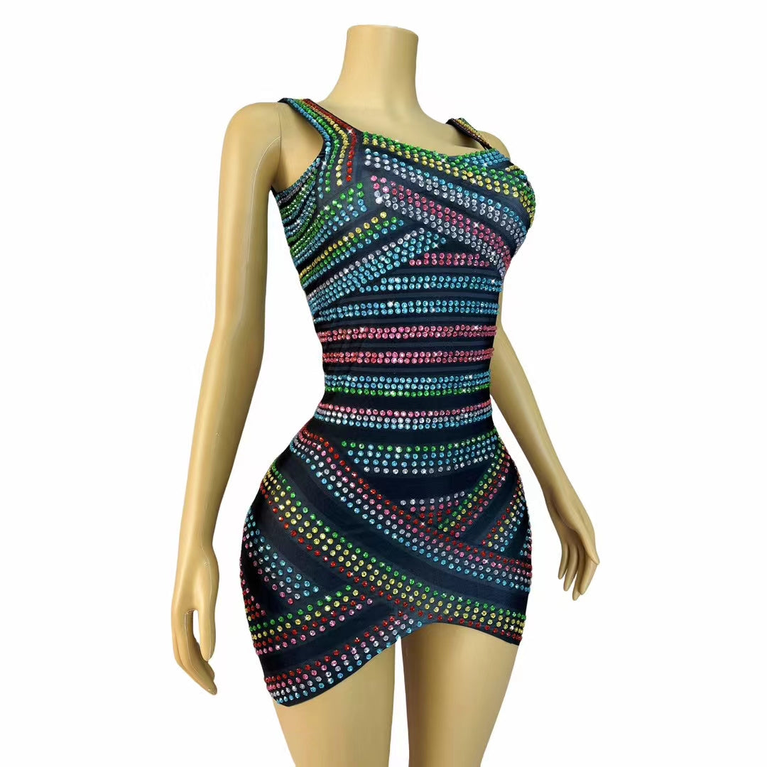 CELESINYI Caisedaidai Crystal Rainbow Ribbon Mini Dress