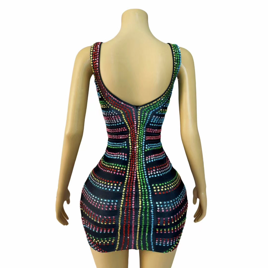 CELESINYI Caisedaidai Crystal Rainbow Ribbon Mini Dress